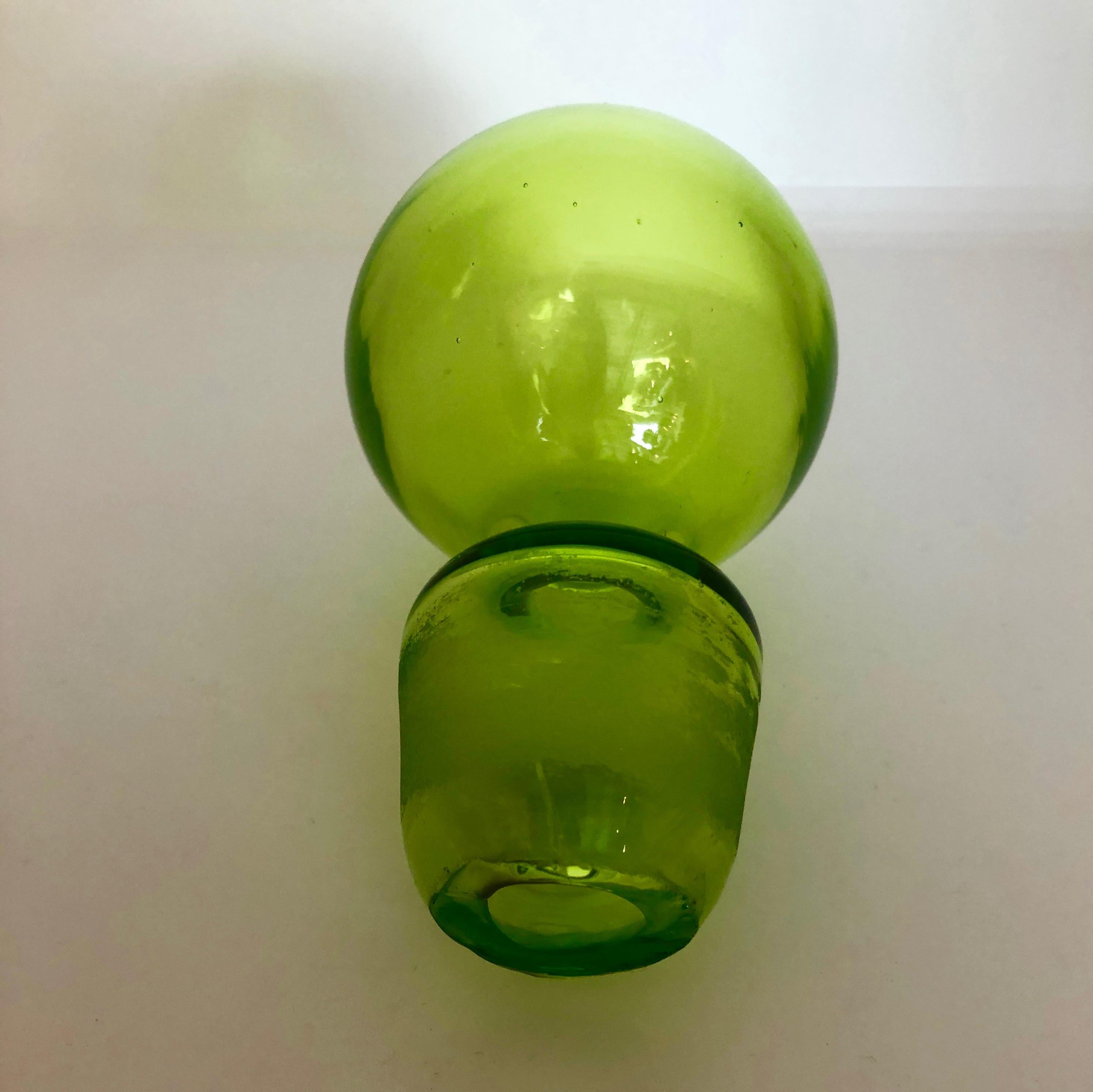 Large Blenko Style Blown Glass Chartreuse Green Decanter with Large Ball Stopper For Sale 8