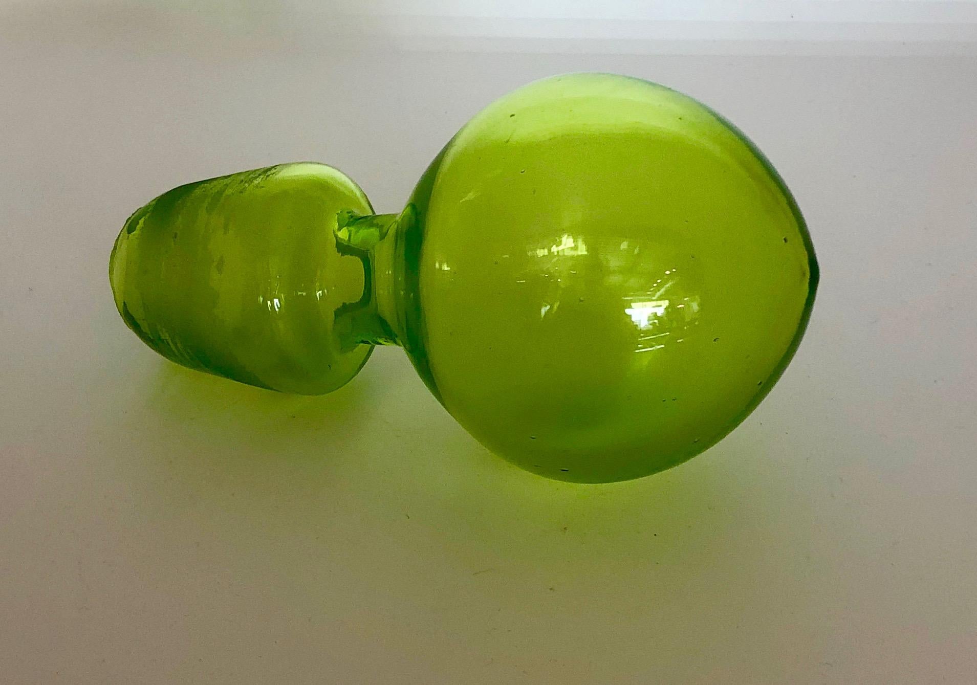 Large Blenko Style Blown Glass Chartreuse Green Decanter with Large Ball Stopper For Sale 7