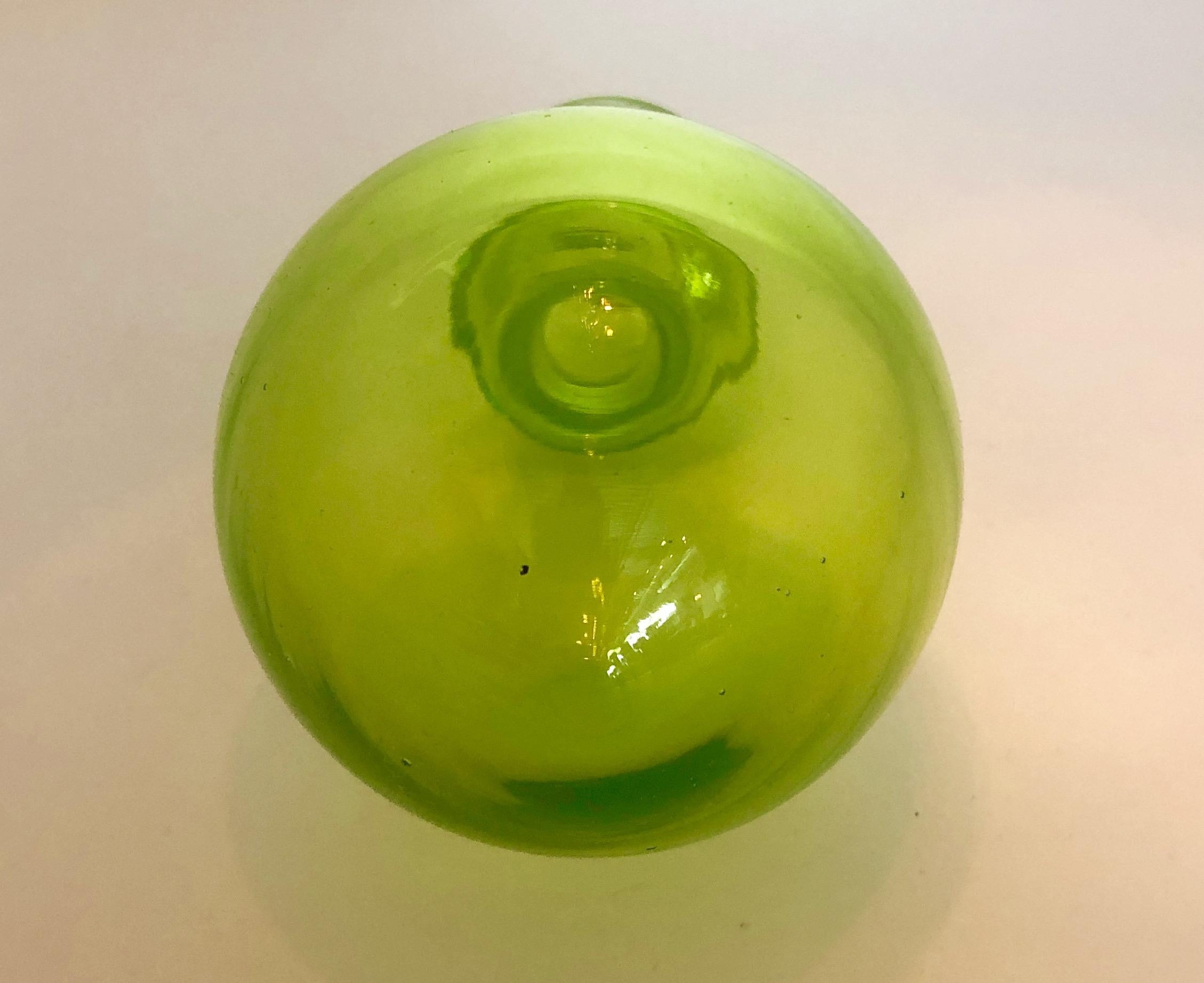Large Blenko Style Blown Glass Chartreuse Green Decanter with Large Ball Stopper For Sale 9