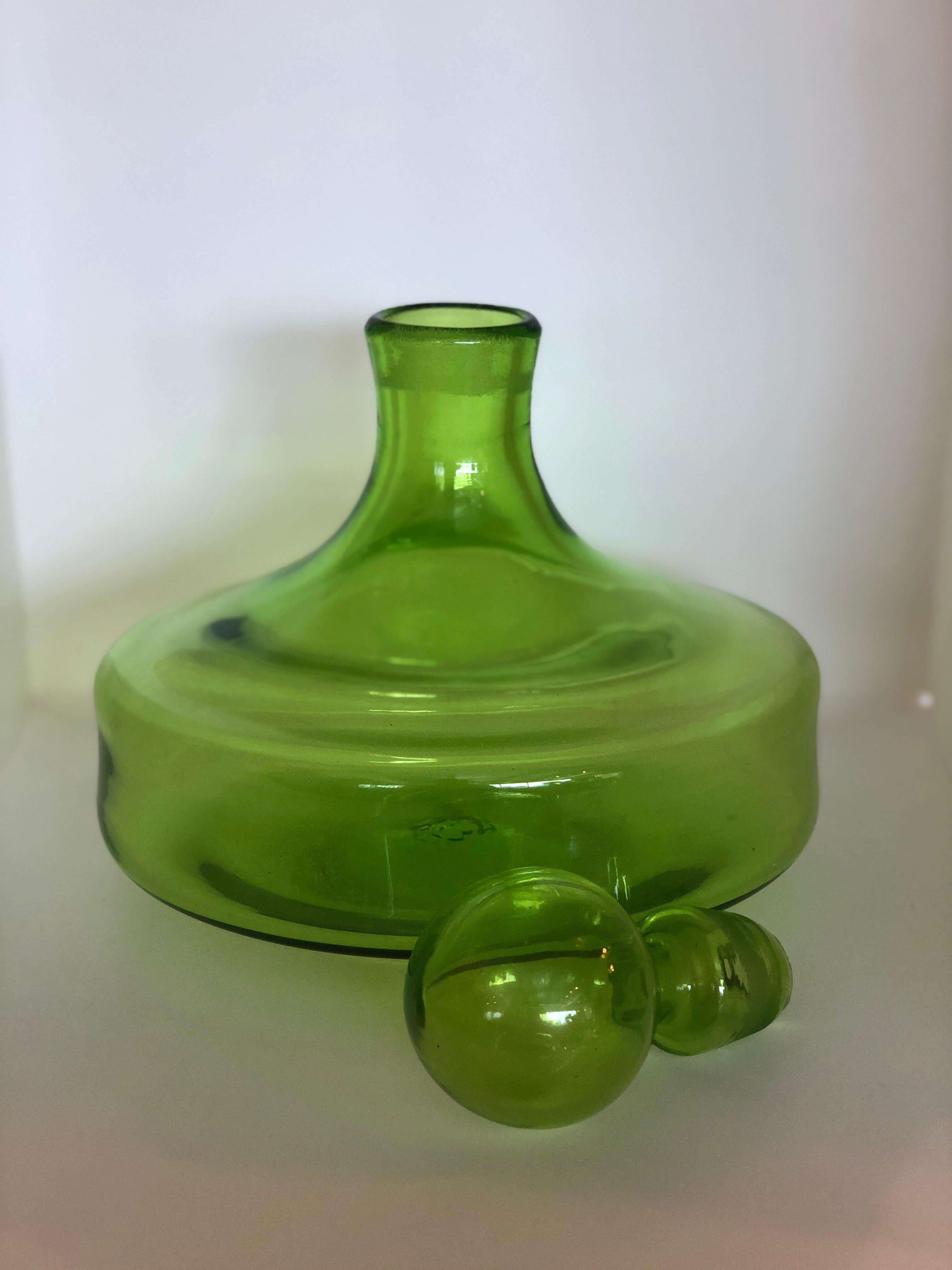 Mid-Century Modern Large Blenko Style Blown Glass Chartreuse Green Decanter with Large Ball Stopper For Sale