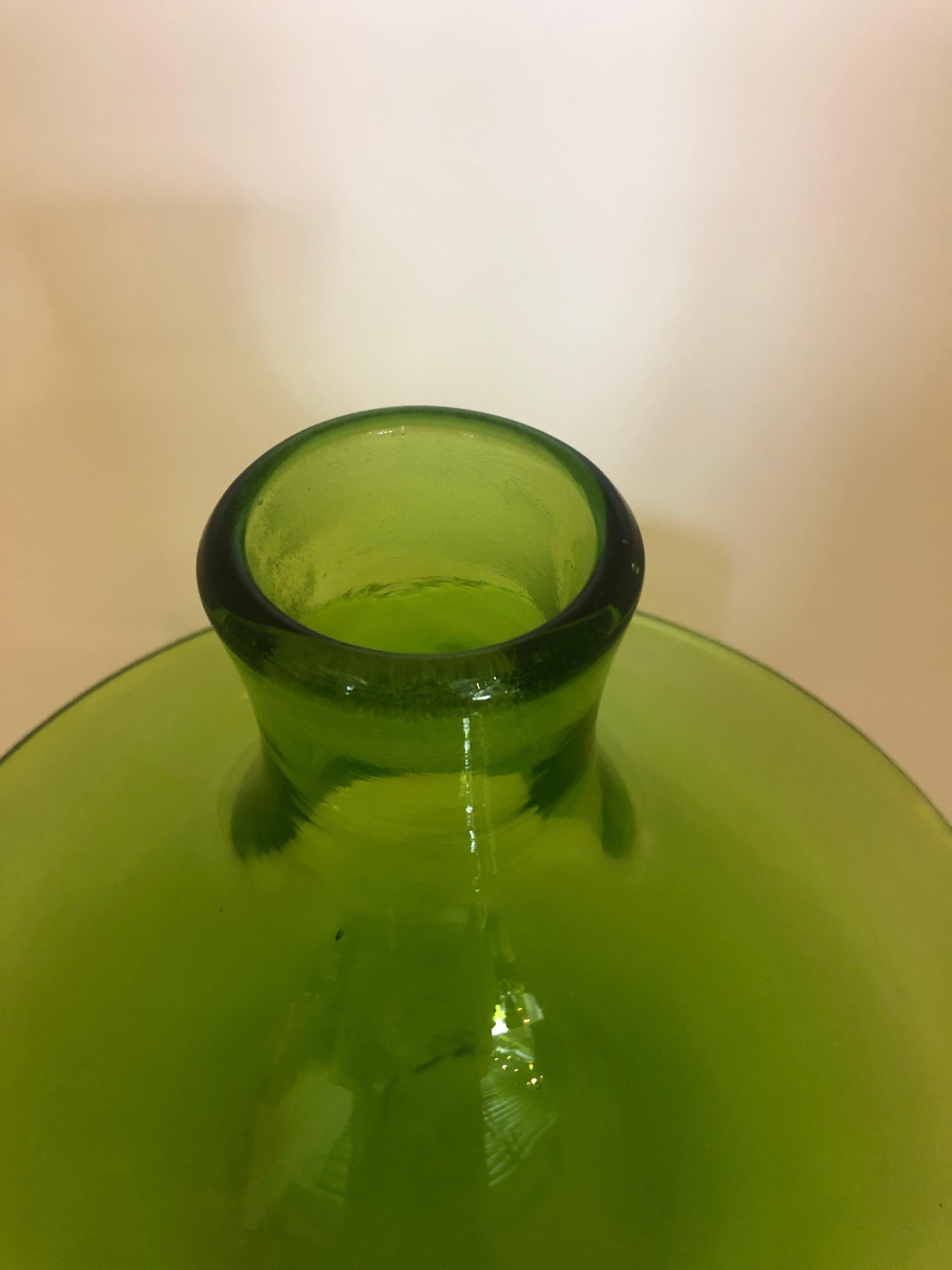 American Large Blenko Style Blown Glass Chartreuse Green Decanter with Large Ball Stopper For Sale