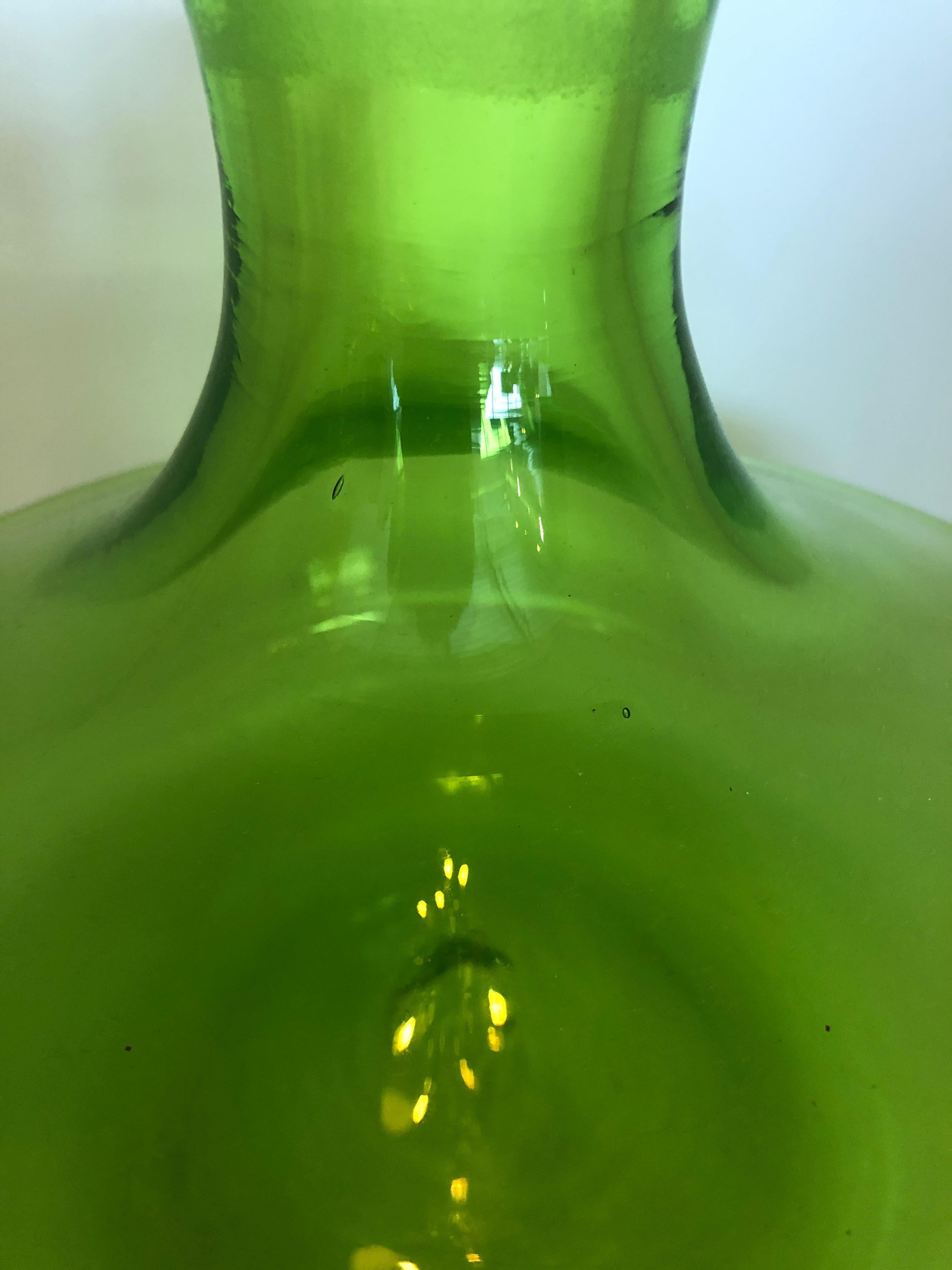 Large Blenko Style Blown Glass Chartreuse Green Decanter with Large Ball Stopper For Sale 1