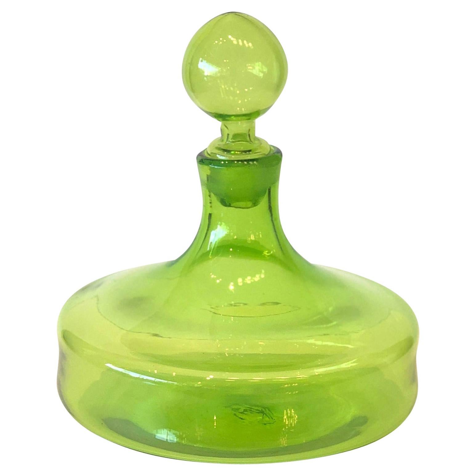 Large Blenko Style Blown Glass Chartreuse Green Decanter with Large Ball Stopper For Sale