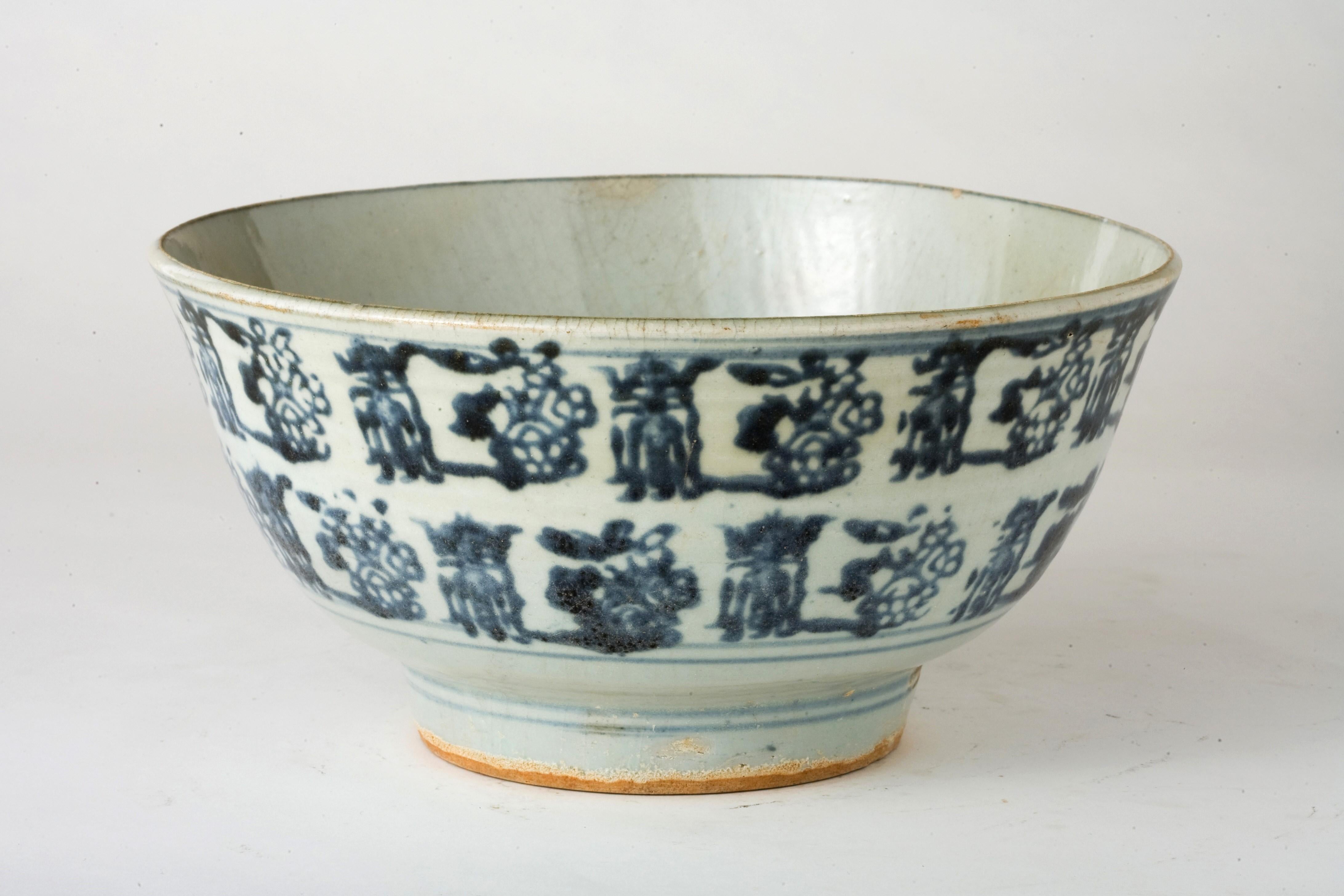 Large Block Print Blue and White Bowl c 1822, Tek Sing Cargo For Sale 7