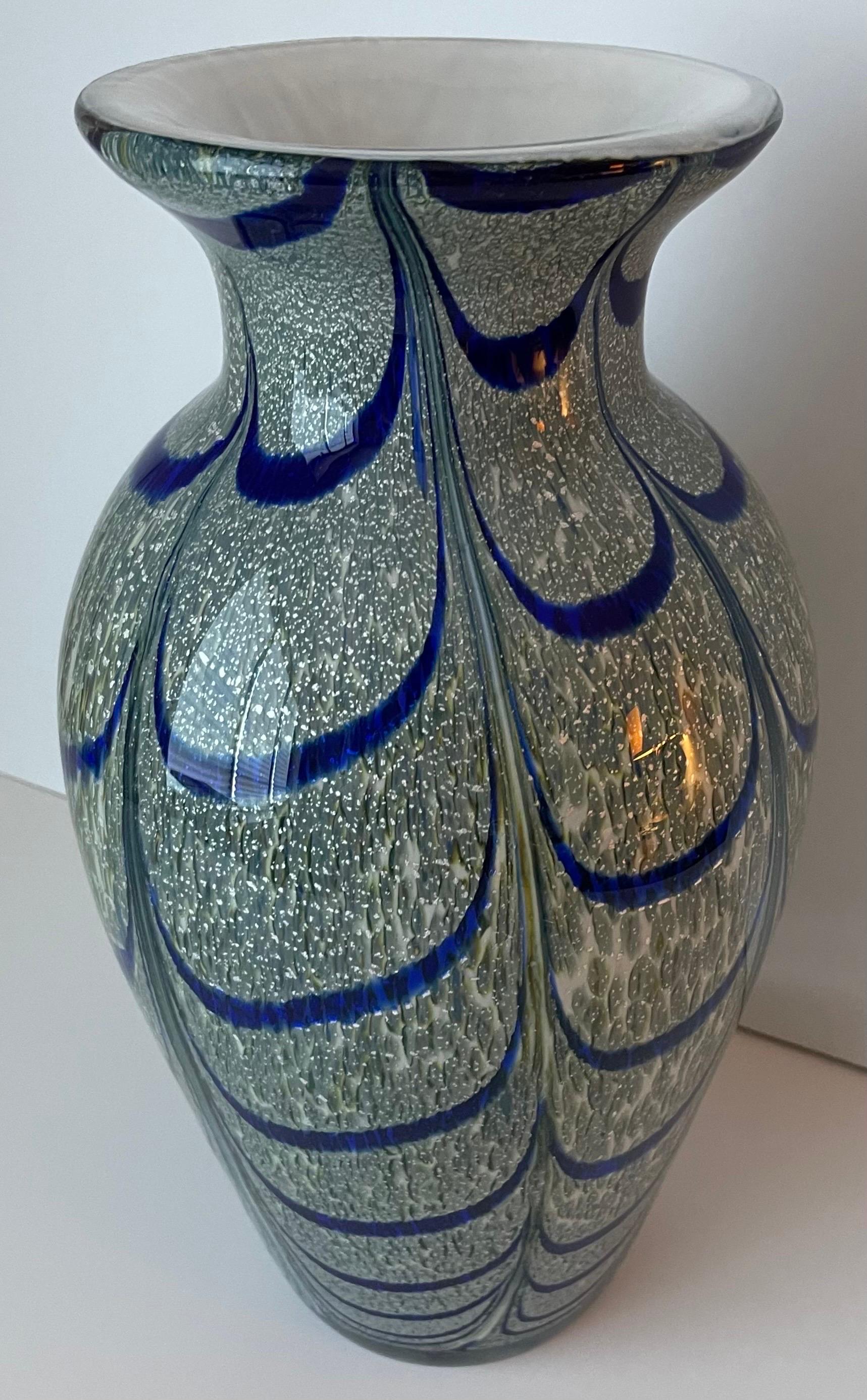 Blown Art Glass Peacock Pattern Large Vase For Sale 3