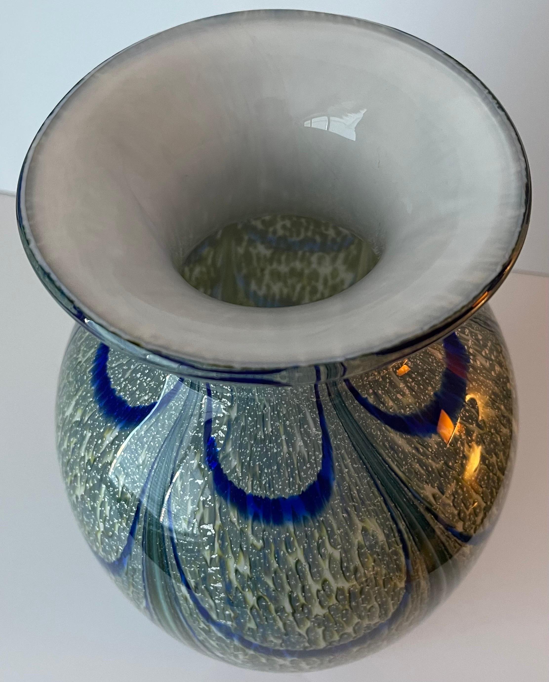 Blown Art Glass Peacock Pattern Large Vase For Sale 7