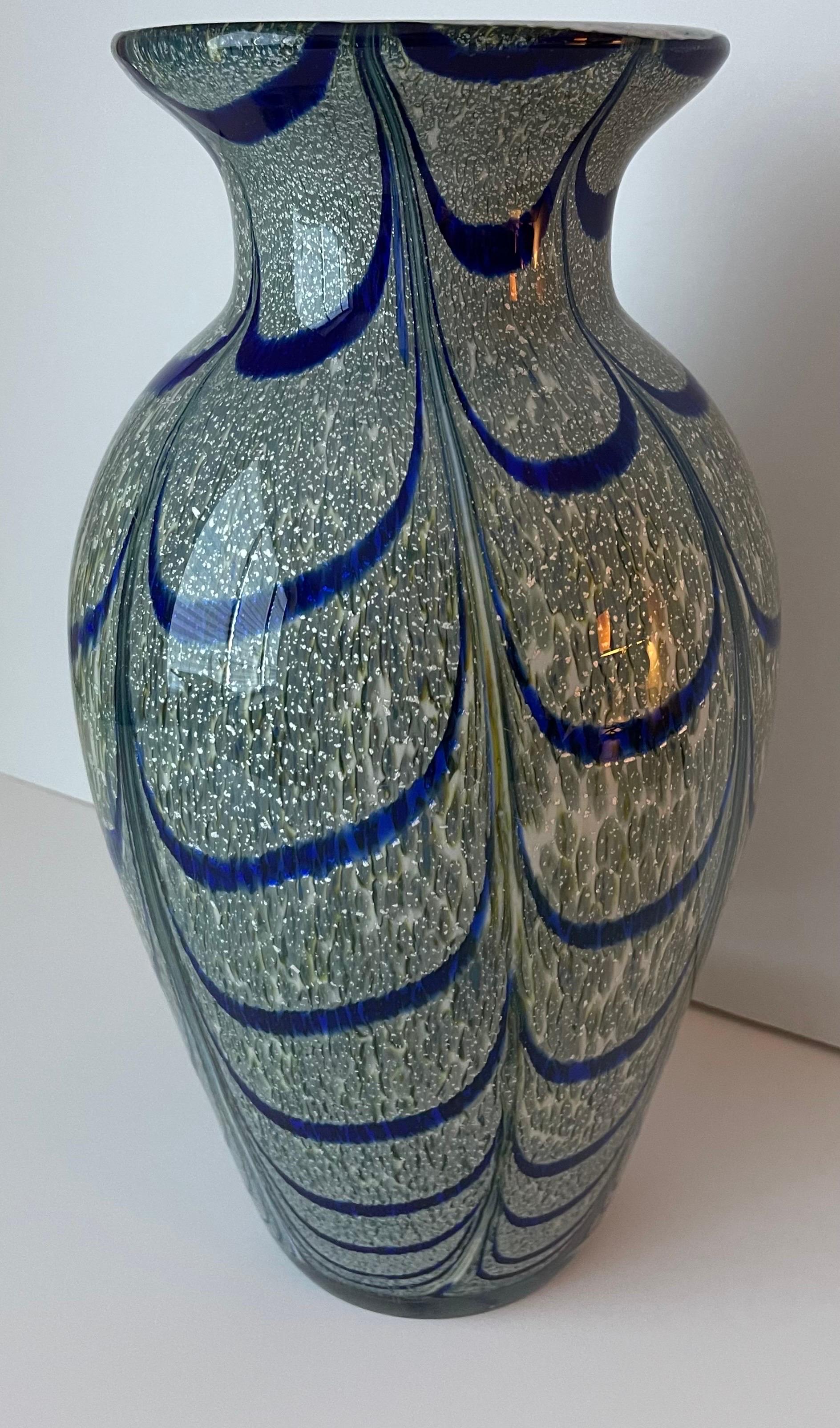 Blown Art Glass Peacock Pattern Large Vase For Sale 8