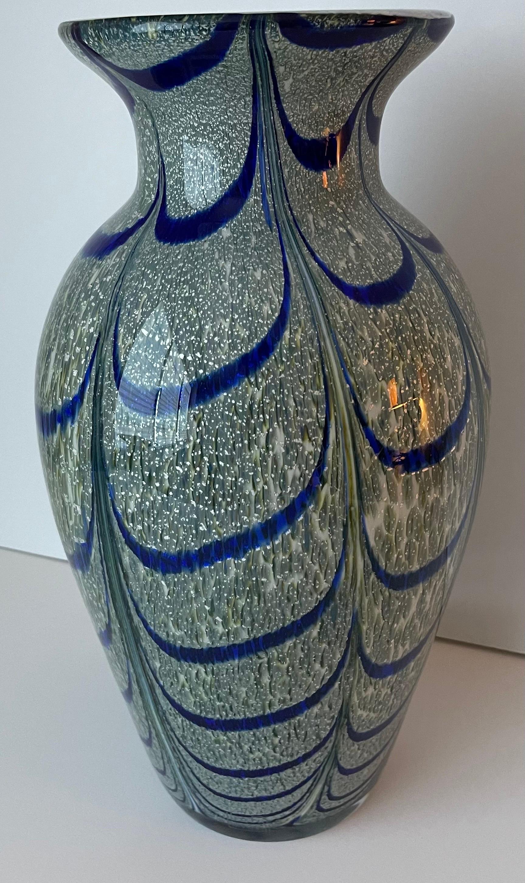 Italian Blown Art Glass Peacock Pattern Large Vase For Sale