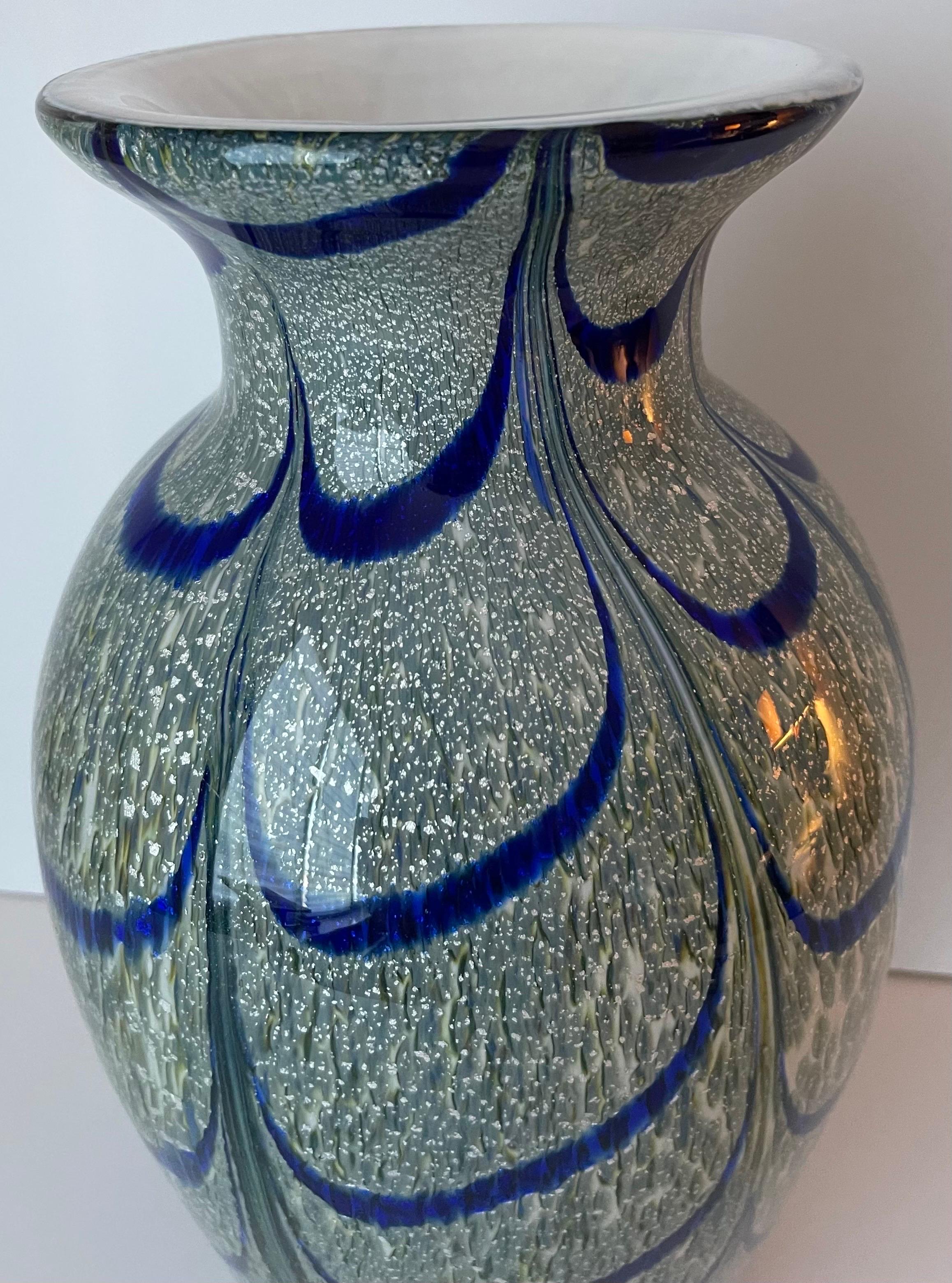 Blown Art Glass Peacock Pattern Large Vase For Sale 1