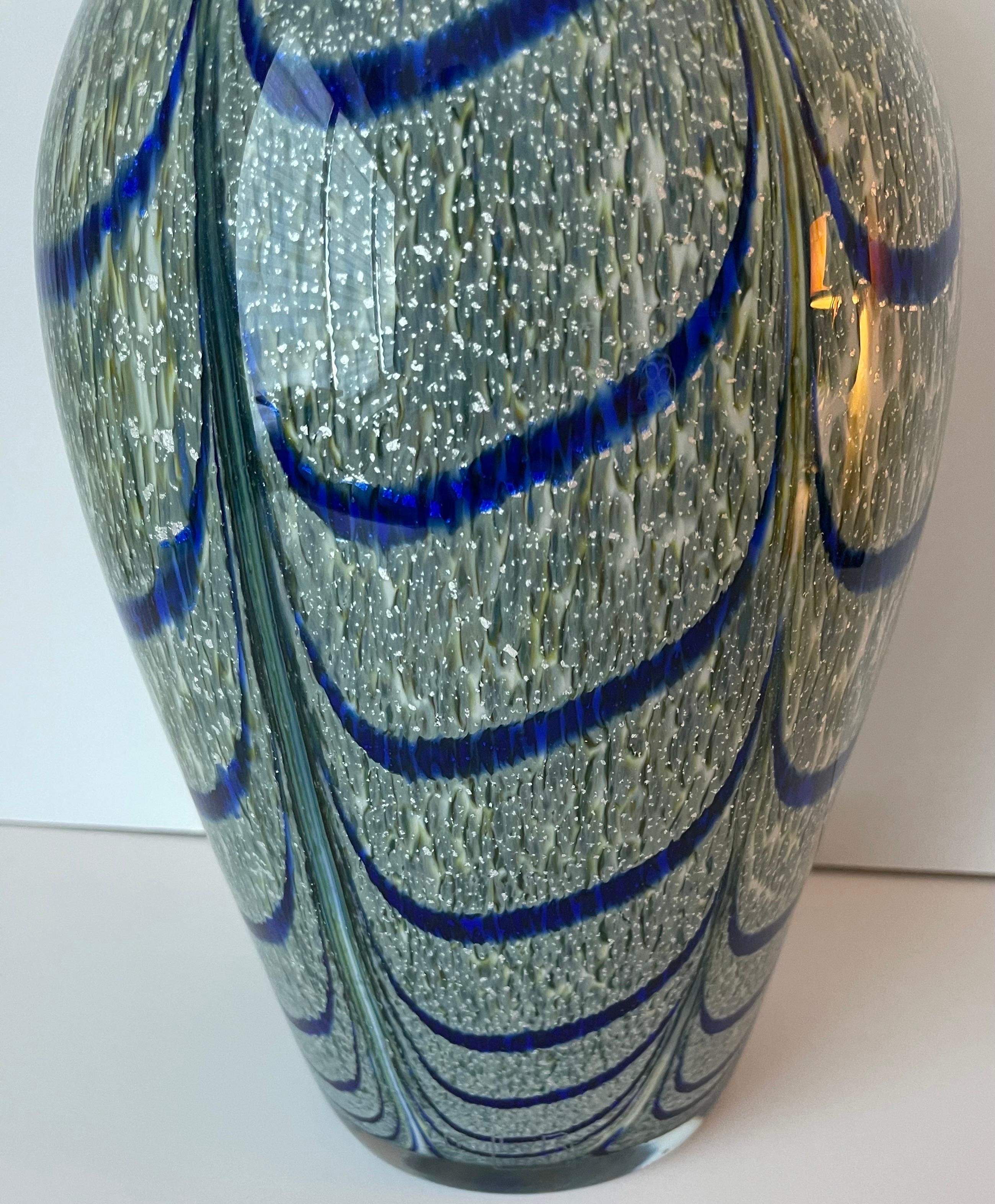 Blown Art Glass Peacock Pattern Large Vase For Sale 2