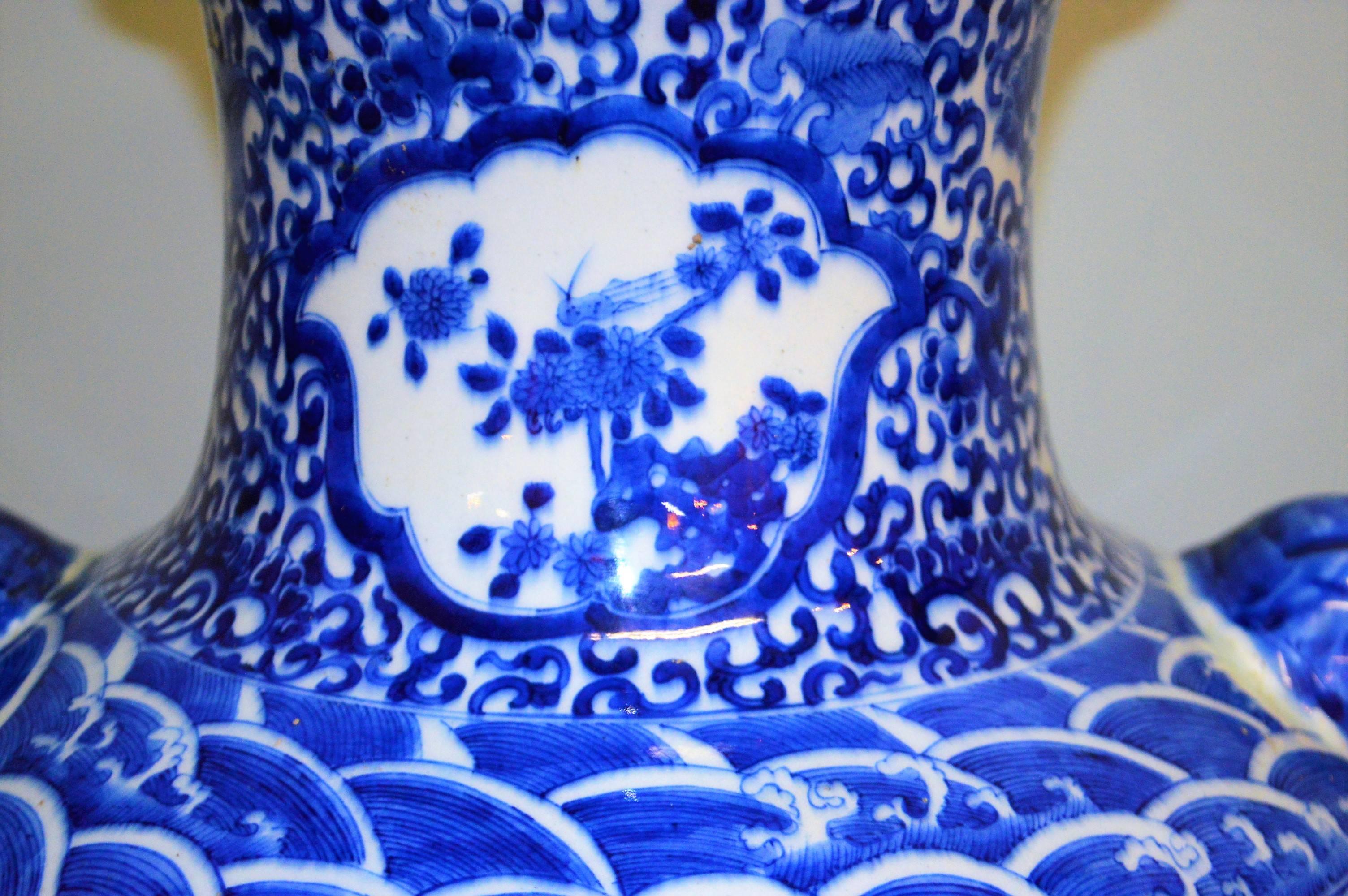Chinese Export Large Blue & White Chinese Porcelain Vase with Figural Subjects and Foo Handles