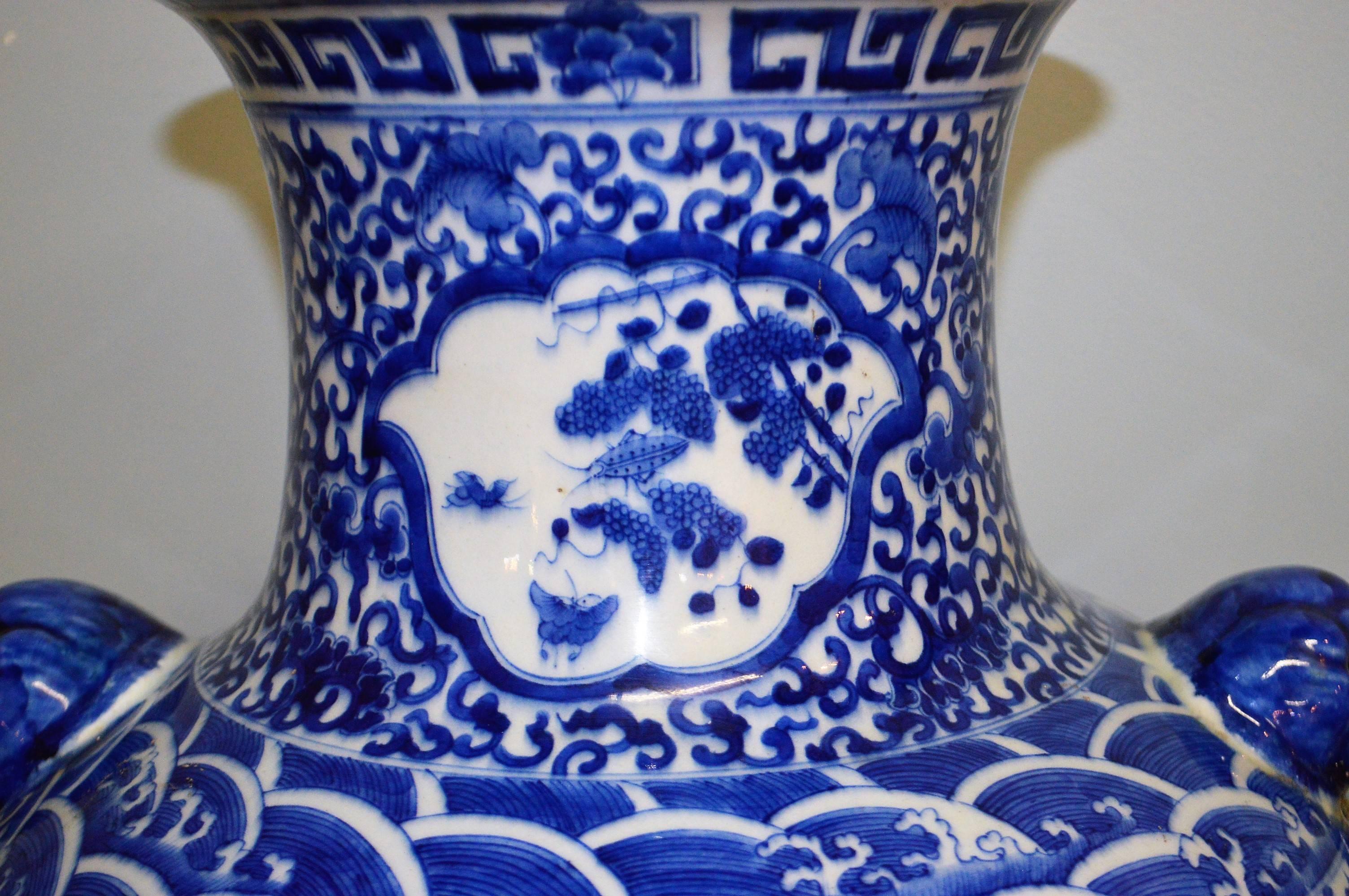 Hand-Painted Large Blue & White Chinese Porcelain Vase with Figural Subjects and Foo Handles