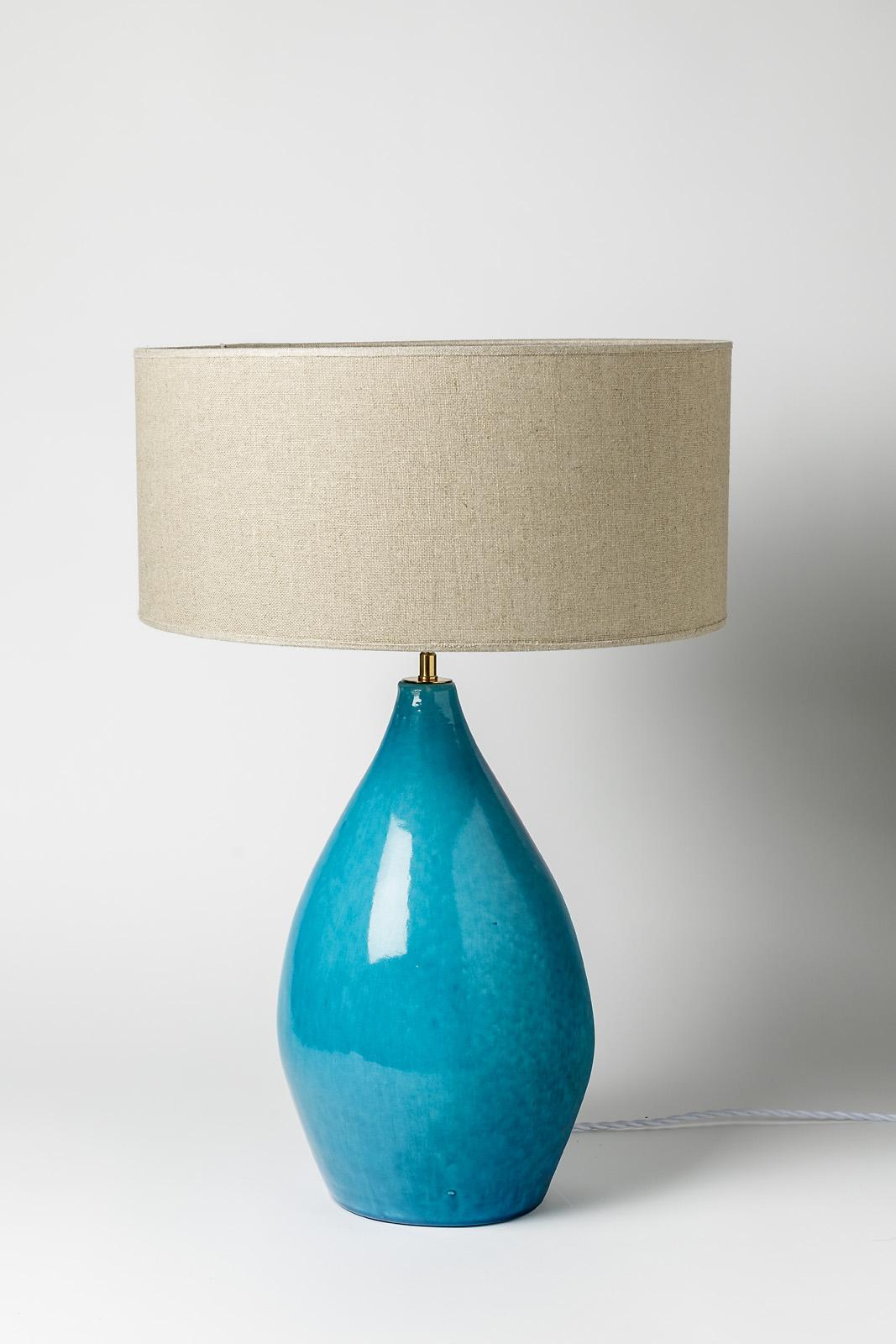 Large Blue 20th Century Ceramic Table Lamp by Jean Maubrou circa 1940 Art Deco For Sale 1