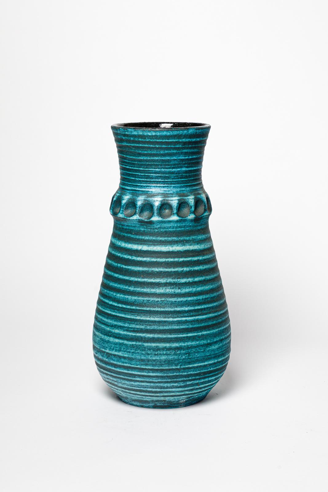 Large blue 20th century design ceramic vase by accolay circa 1950 40 cm For Sale 3