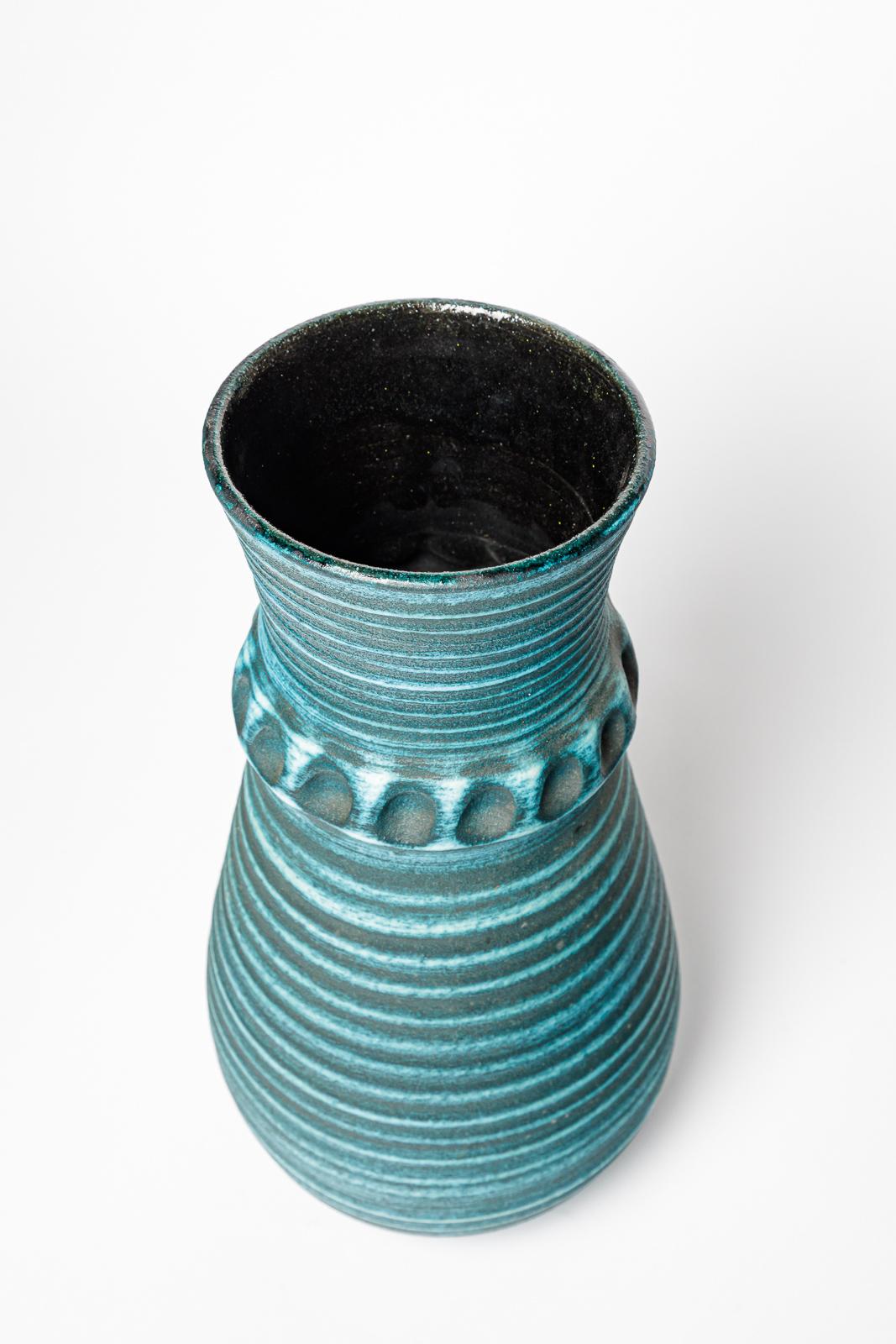 20th Century Large blue 20th century design ceramic vase by accolay circa 1950 40 cm For Sale