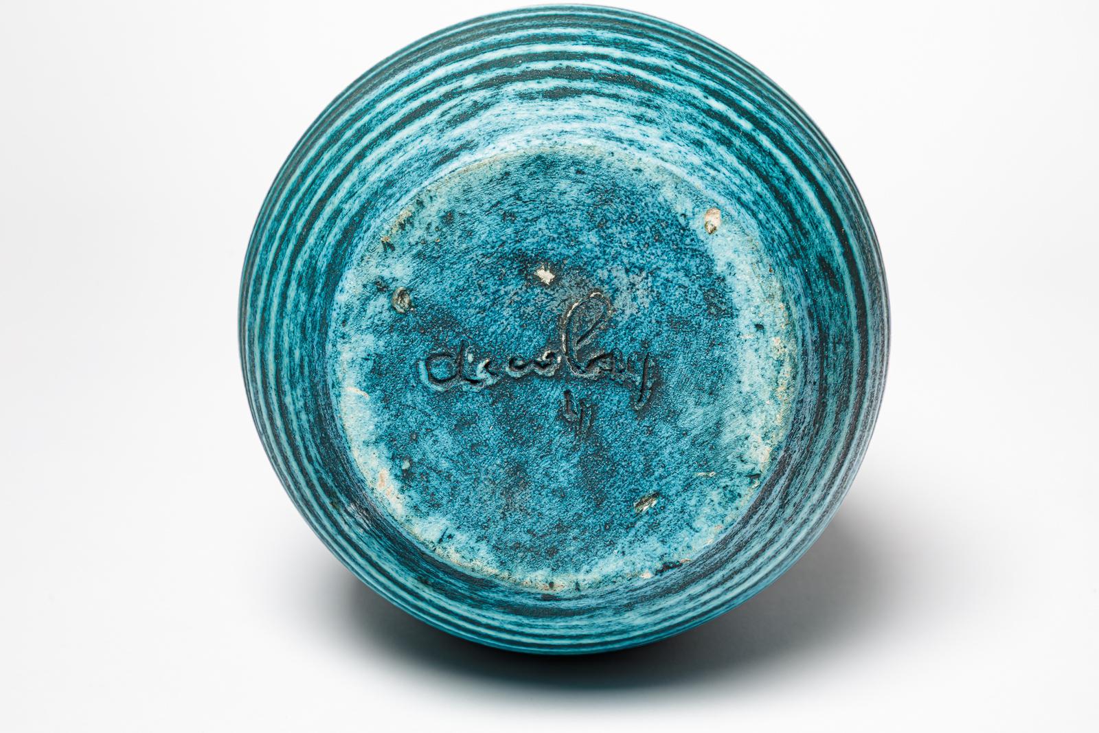 Ceramic Large blue 20th century design ceramic vase by accolay circa 1950 40 cm For Sale