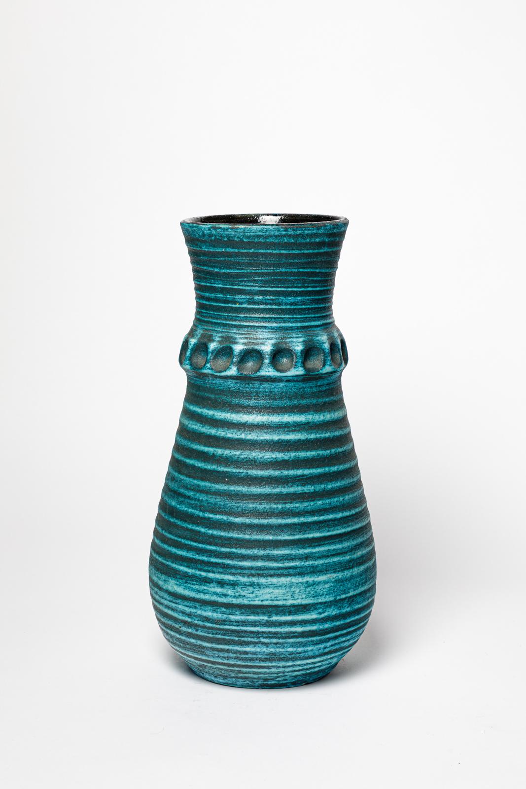 Large blue 20th century design ceramic vase by accolay circa 1950 40 cm For Sale 2