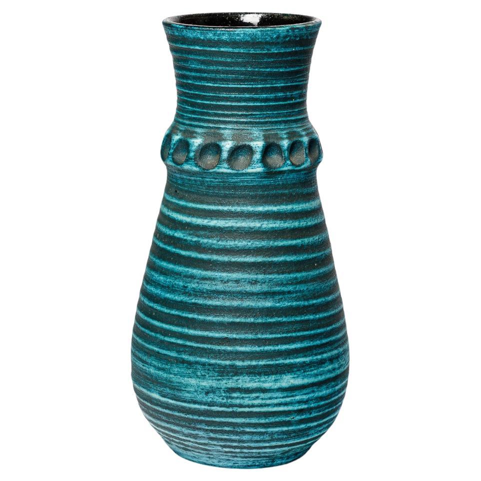 Large blue 20th century design ceramic vase by accolay circa 1950 40 cm For Sale