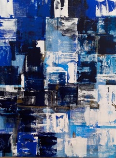 Large Scale Abstract Geometric Grid in Indigo, Cerulean, and Crisp White