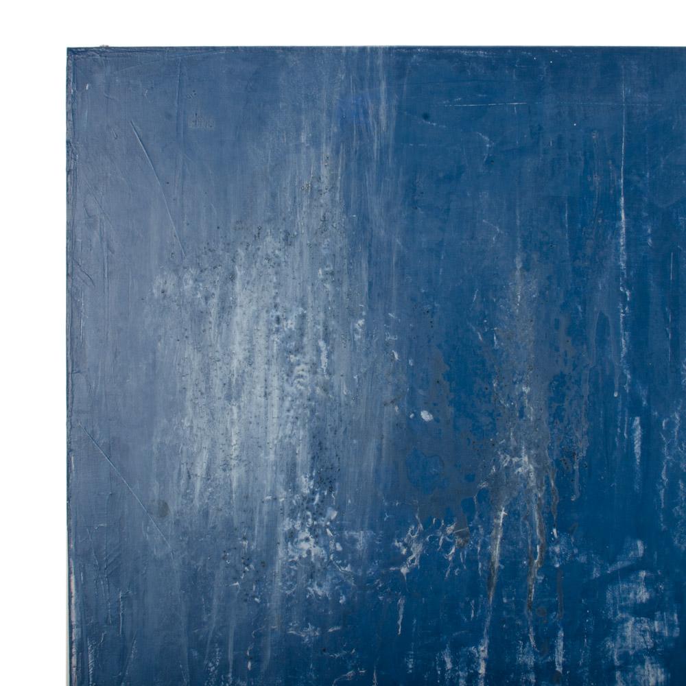 Large blue abstract Venetian plaster painting, Carol L.Post, 2019.
 In this soft blue textured painting by artist Carol Post subtle strokes of plaster blend with the background and gracefully dance across the canvas. 
