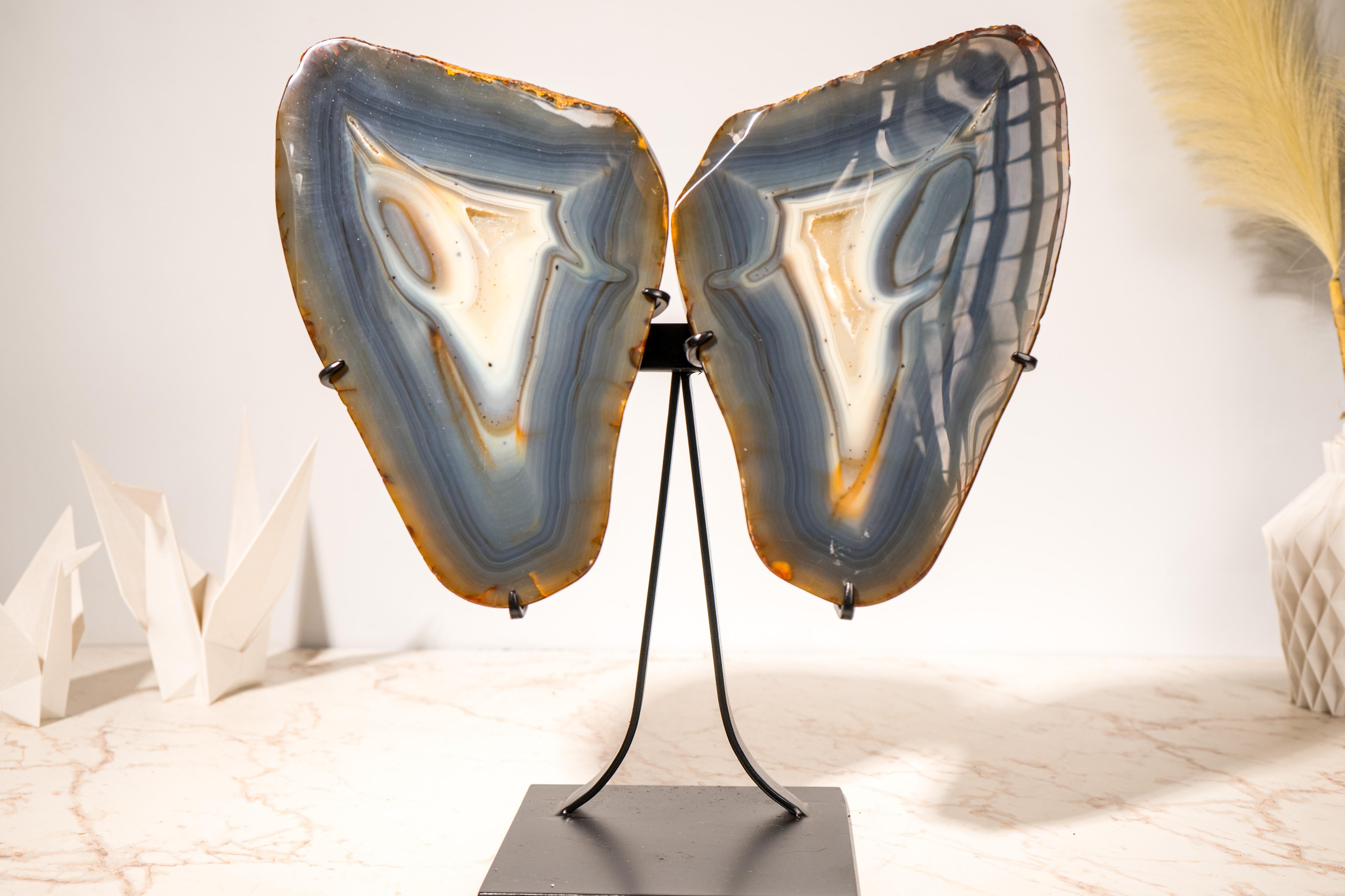Blue & Amber Agate Geode Butterfly Wings, Natural Sculptured Geode on Stand For Sale 4