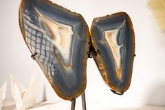 Blue & Amber Agate Geode Butterfly Wings, Natural Sculptured Geode on Stand