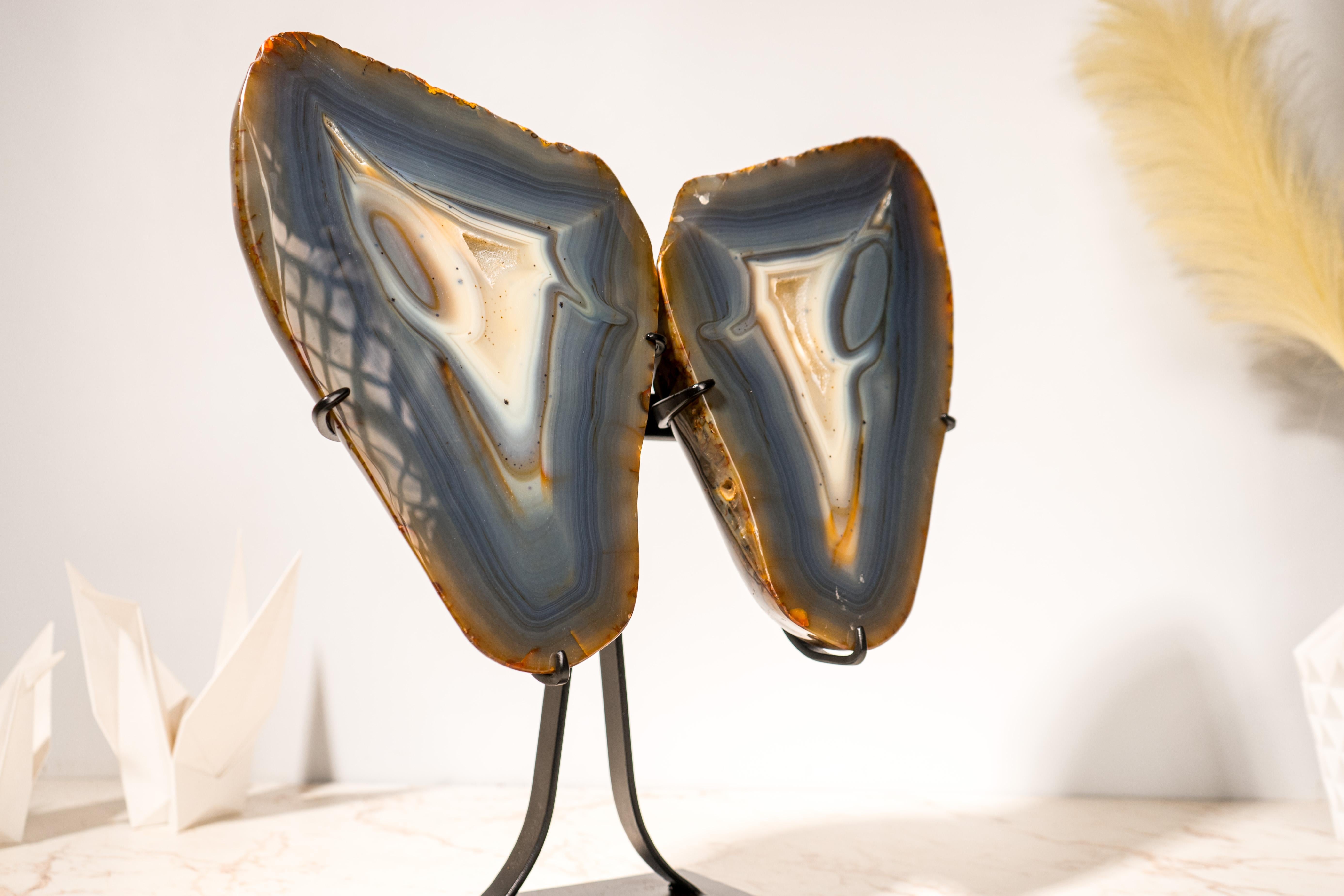 Brazilian Blue & Amber Agate Geode Butterfly Wings, Natural Sculptured Geode on Stand For Sale