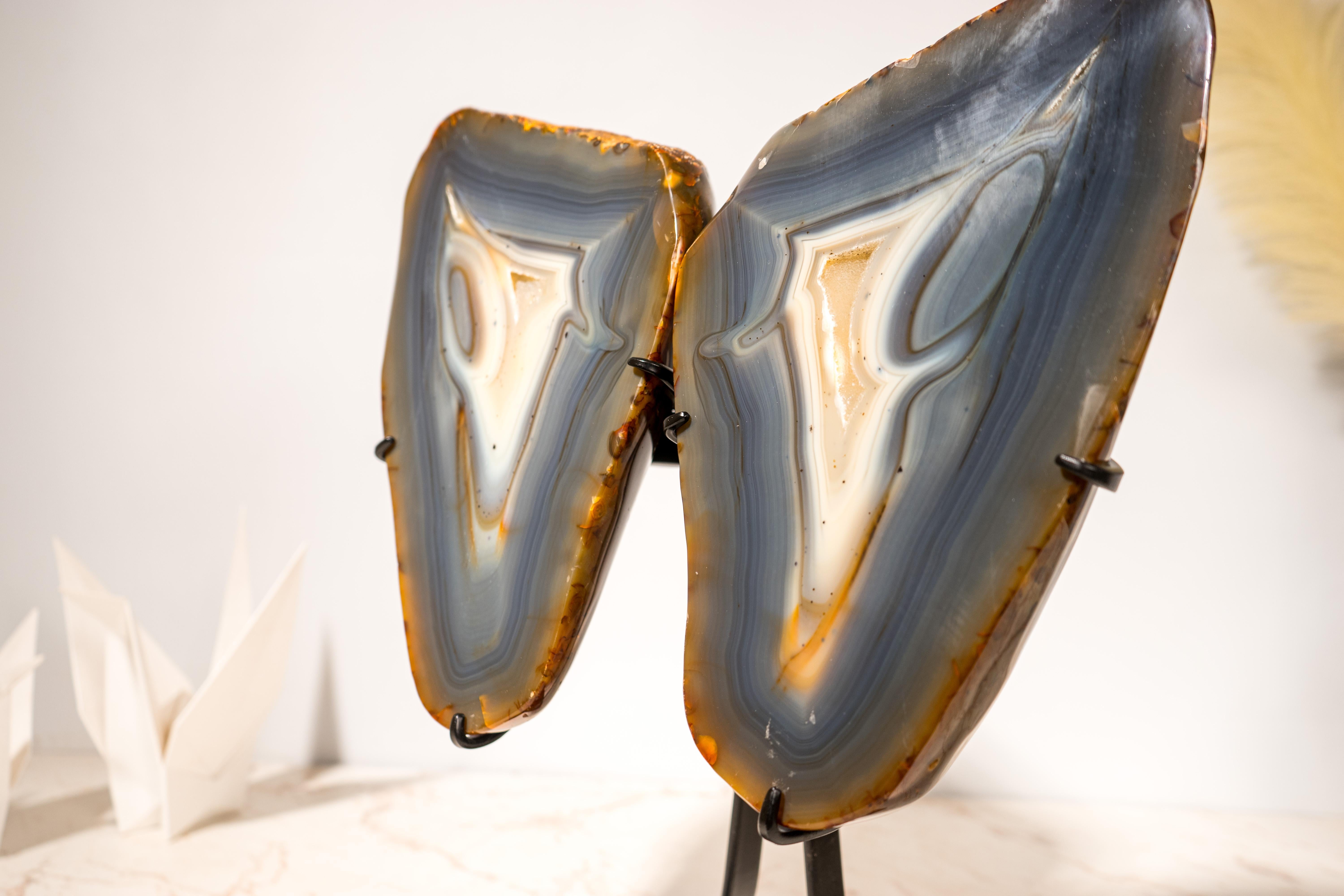 Contemporary Blue & Amber Agate Geode Butterfly Wings, Natural Sculptured Geode on Stand For Sale