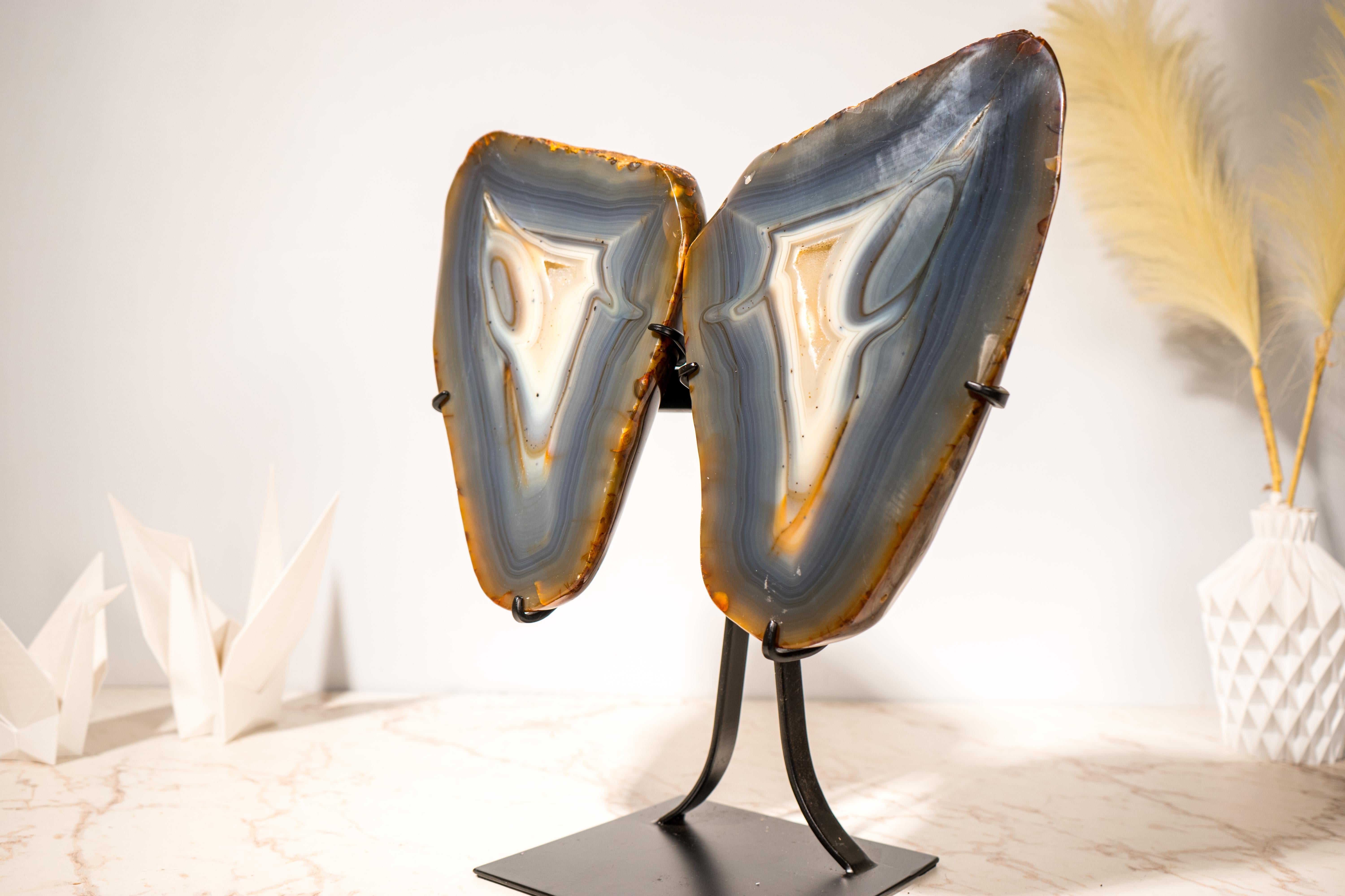 Crystal Blue & Amber Agate Geode Butterfly Wings, Natural Sculptured Geode on Stand For Sale