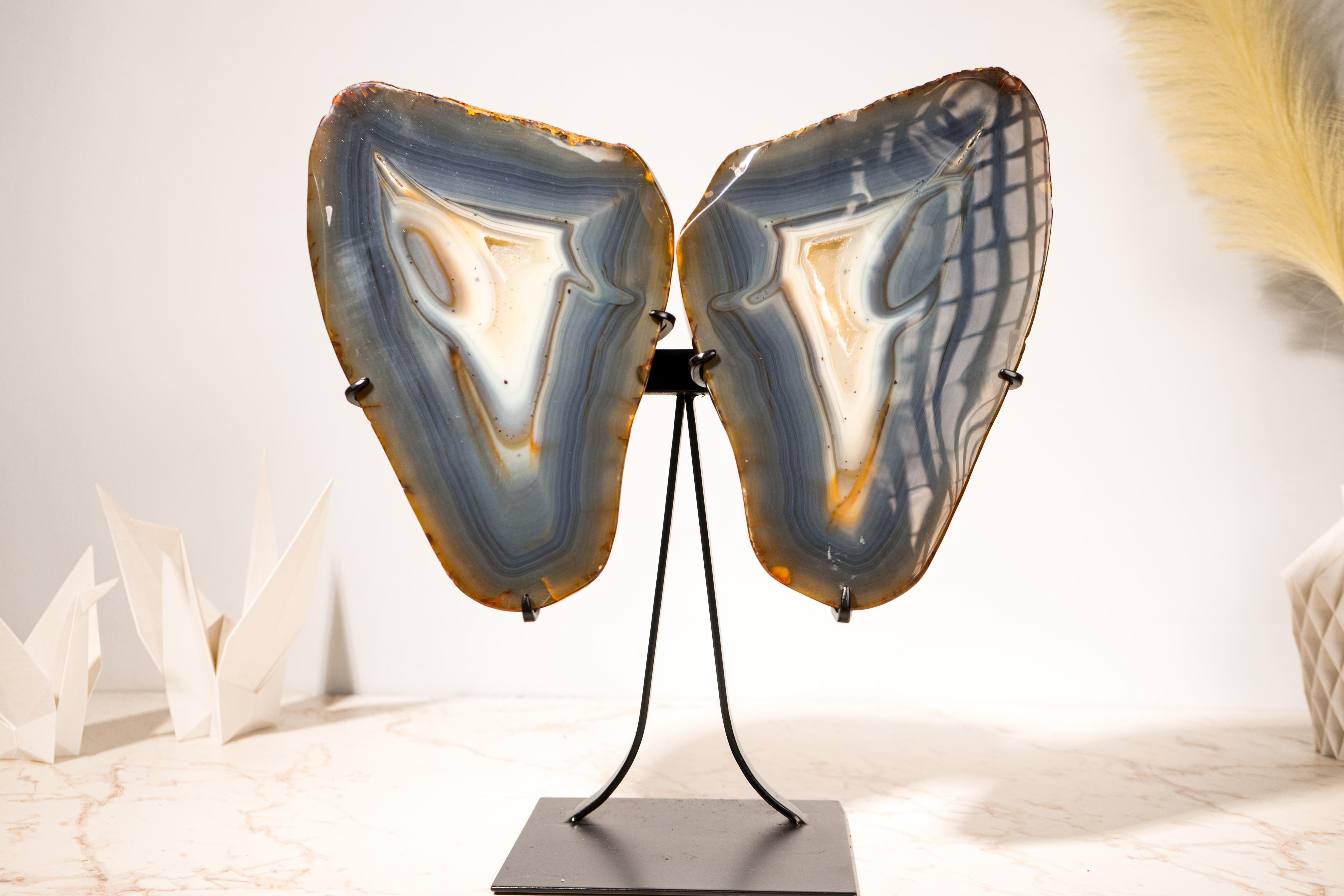 Blue & Amber Agate Geode Butterfly Wings, Natural Sculptured Geode on Stand For Sale 1