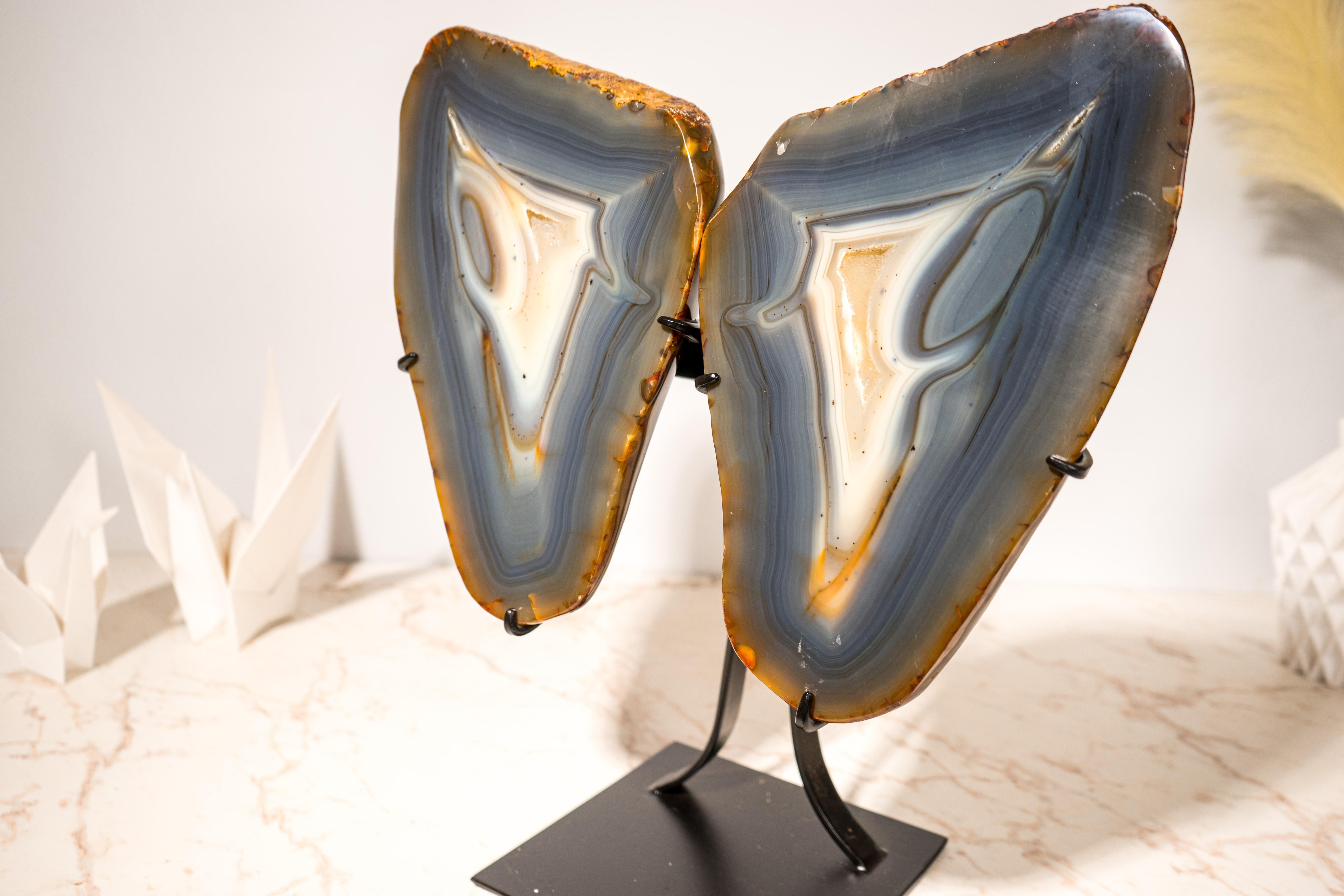 Blue & Amber Agate Geode Butterfly Wings, Natural Sculptured Geode on Stand For Sale 2