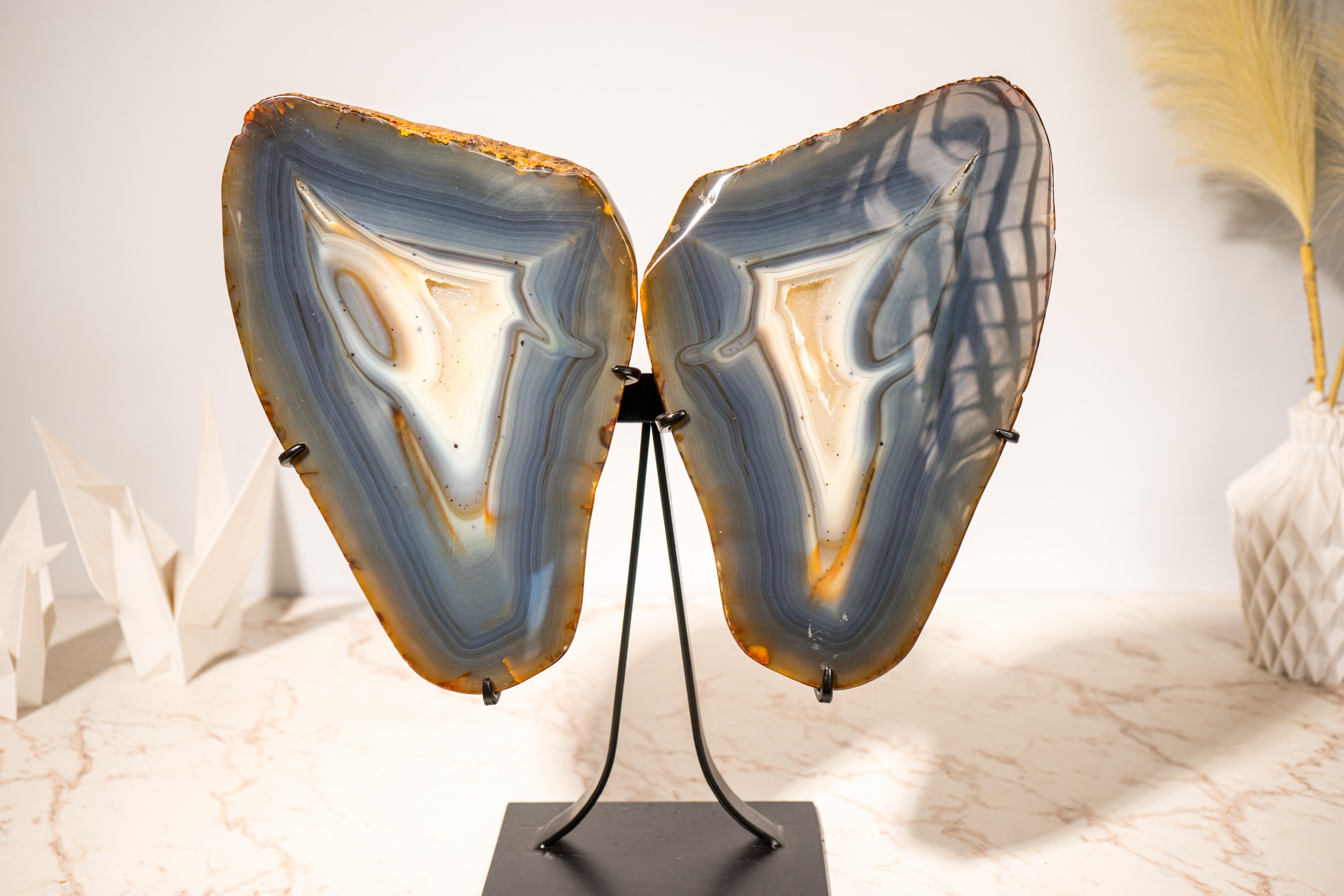 Blue & Amber Agate Geode Butterfly Wings, Natural Sculptured Geode on Stand For Sale 3