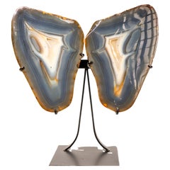 Blue & Amber Agate Geode Butterfly Wings, Natural Sculptured Geode on Stand