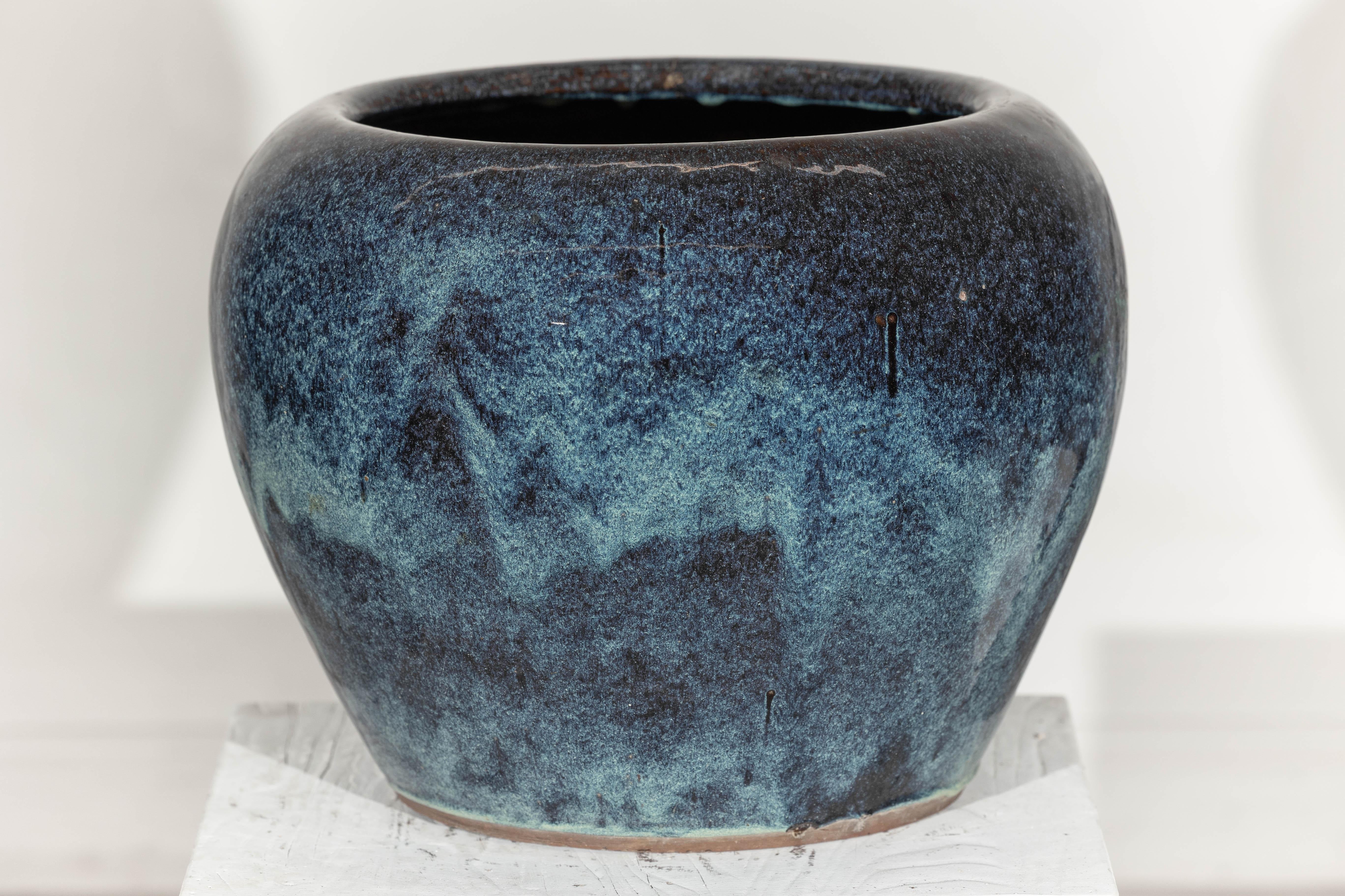 Grande jardinière en céramique émaillée bleue et aqua de forme arrondie en vente 5