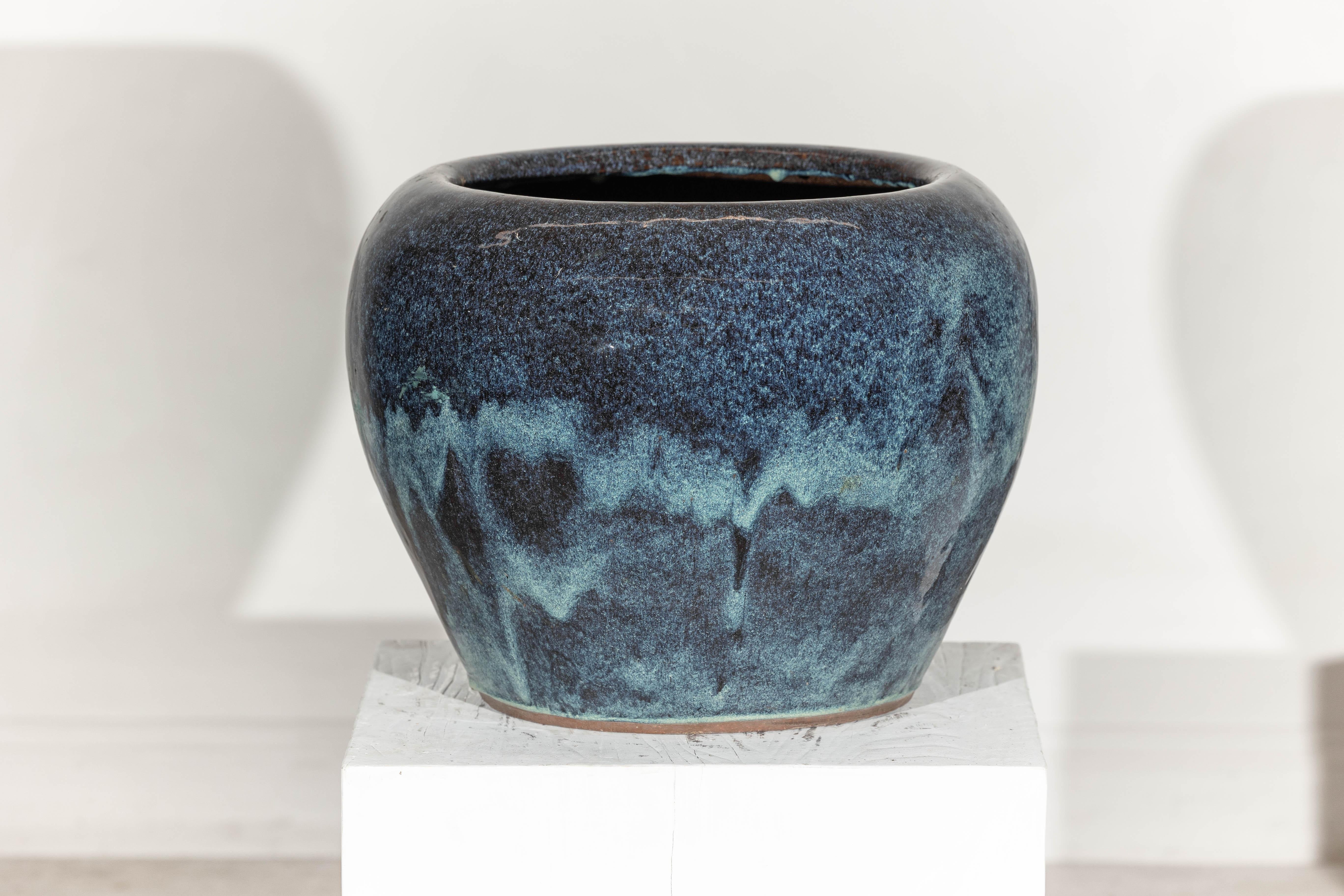 Grande jardinière en céramique émaillée bleue et aqua de forme arrondie en vente 1