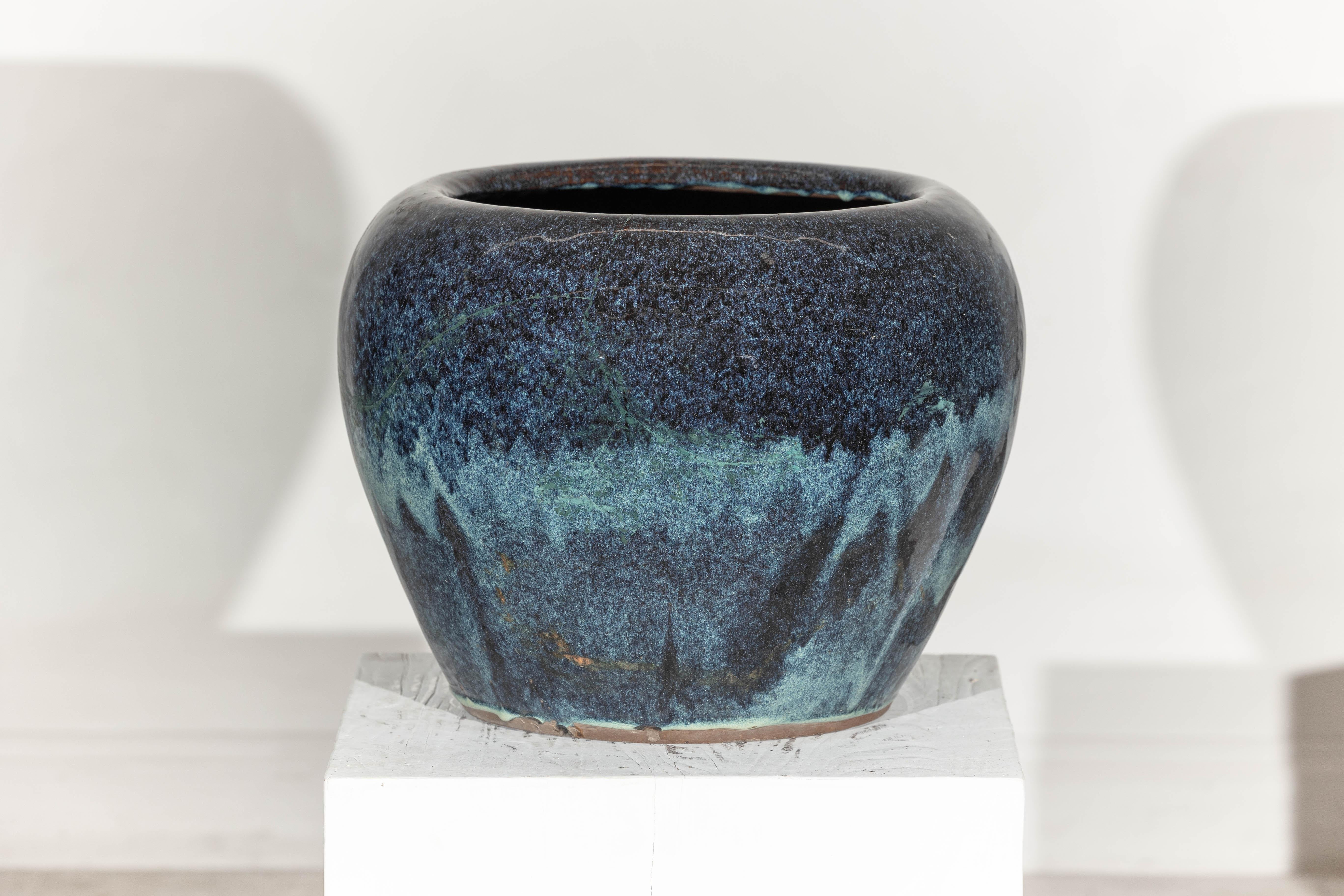 Grande jardinière en céramique émaillée bleue et aqua de forme arrondie en vente 2