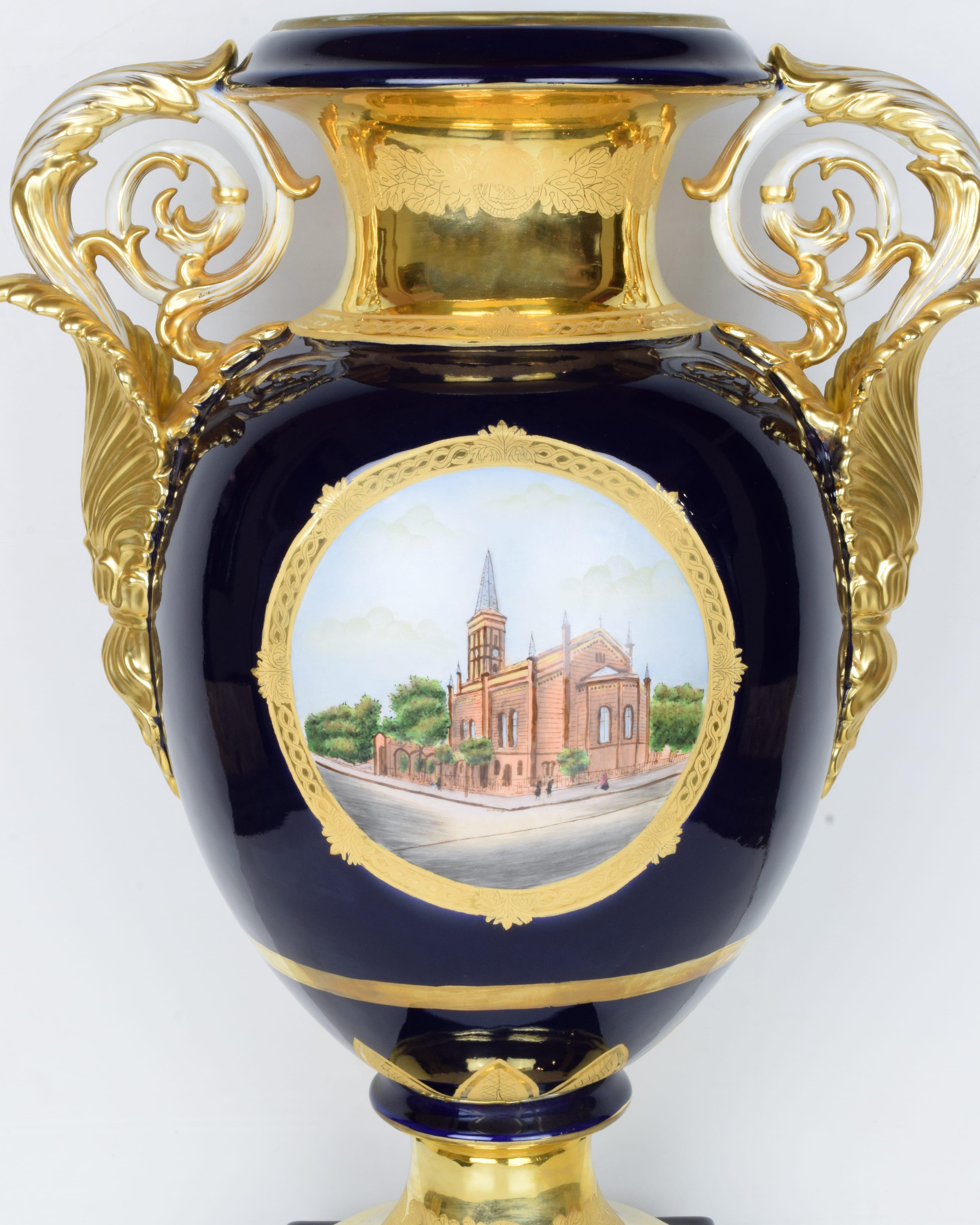 German Large Blue and Gold Porcelain Vase For Sale
