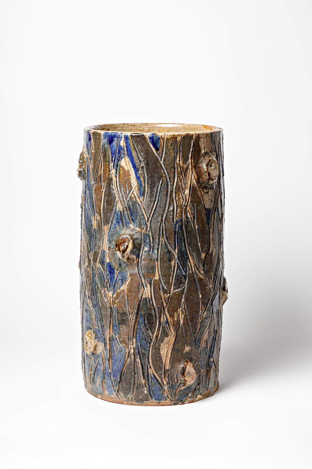 Art Deco Large Blue and Grey Stoneware Ceramic Vase by Lucien Talbot La Borne, 1940