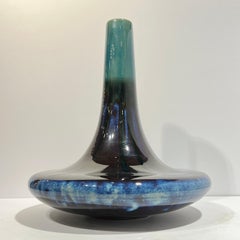 Large Blue and Violet Flambe Glazed Ceramic Centerpiece Vase