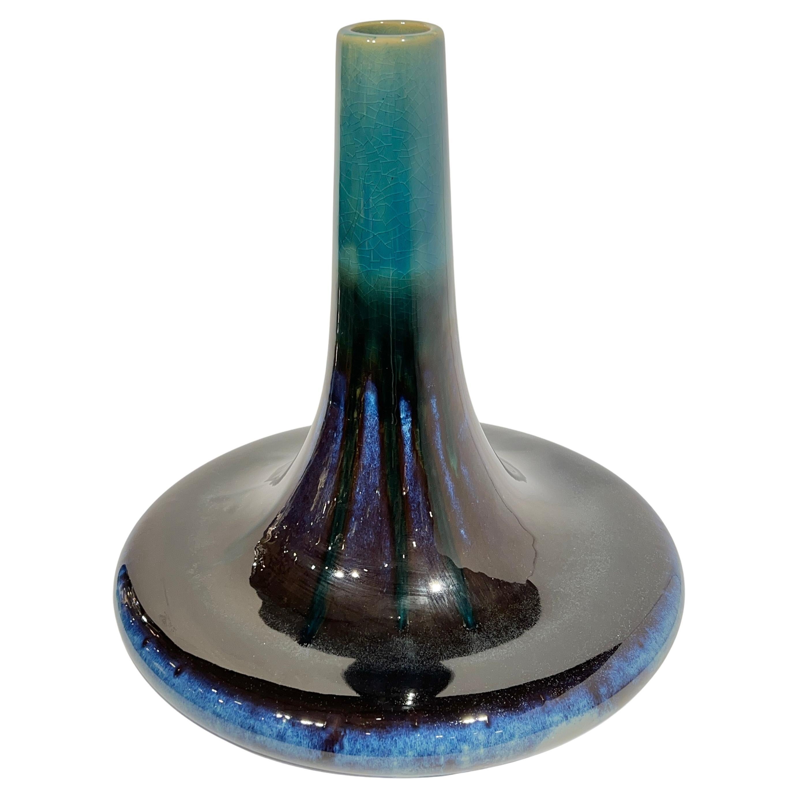 Large Blue and Violet Flambe Glazed Ceramic Centerpiece Vase