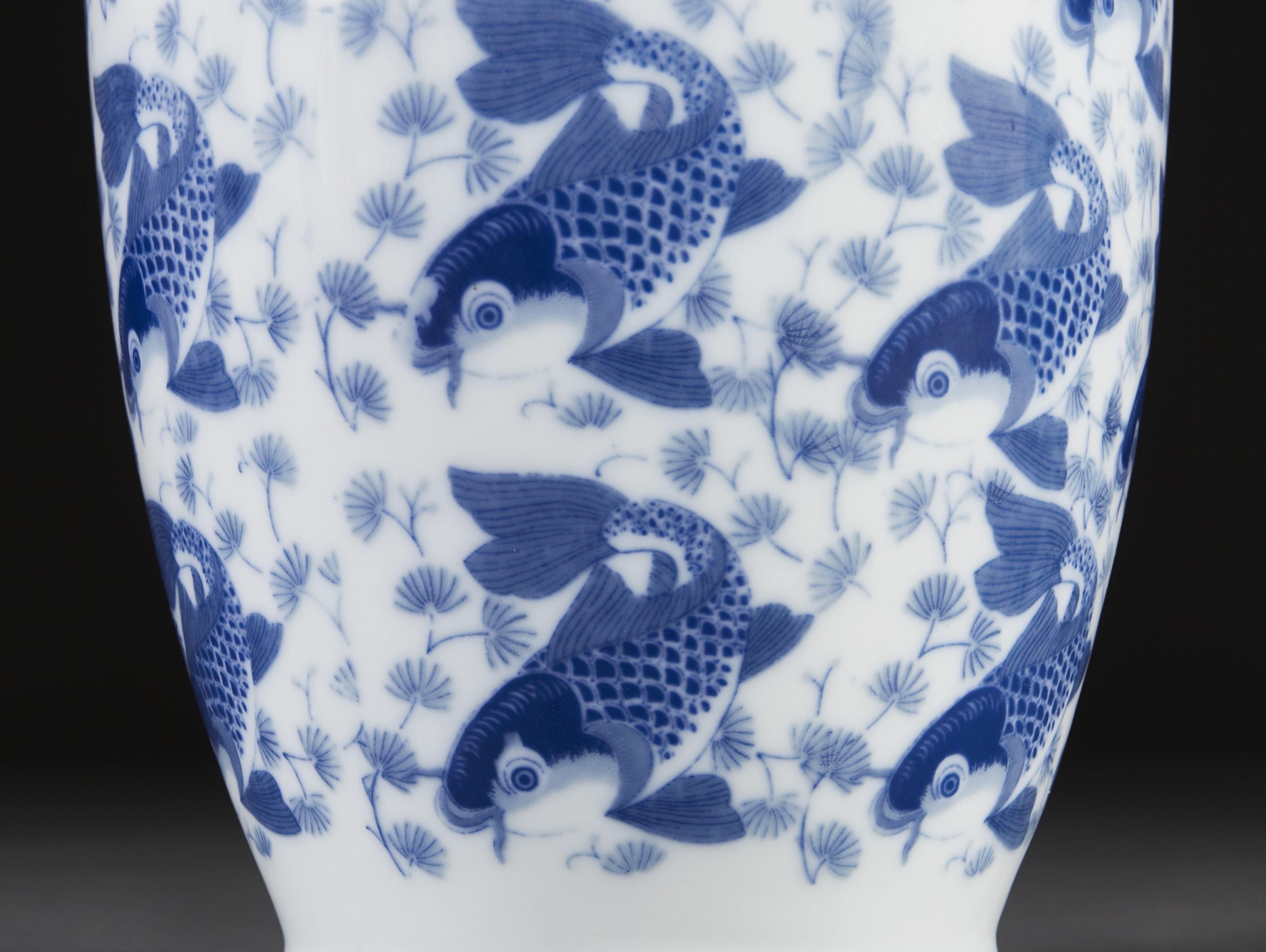 Glazed Large Blue and Whine Chinese Carp Vase as a Table Lamp For Sale