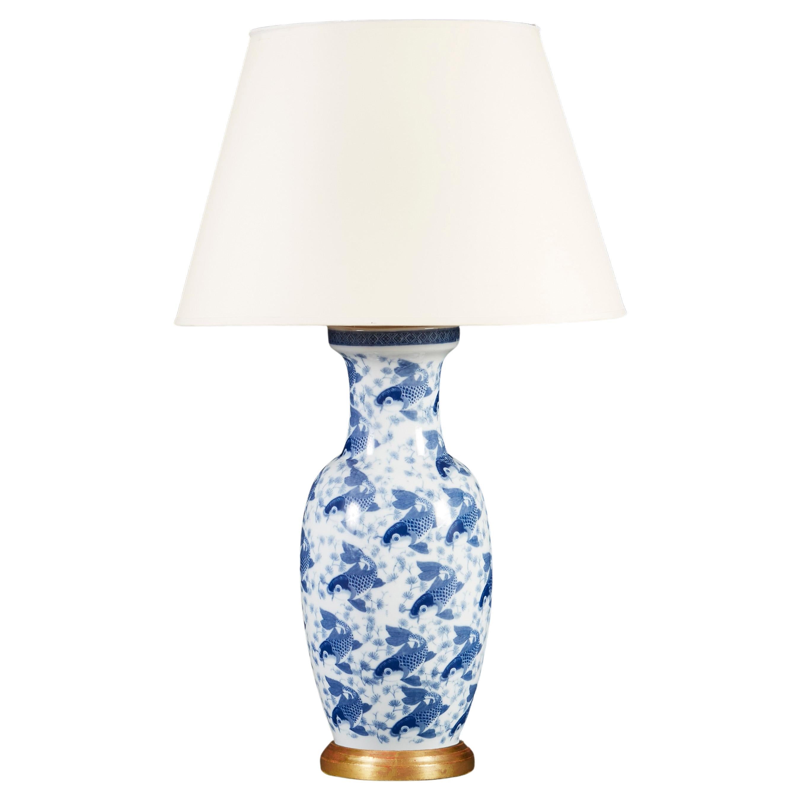 Large Blue and Whine Chinese Carp Vase as a Table Lamp For Sale