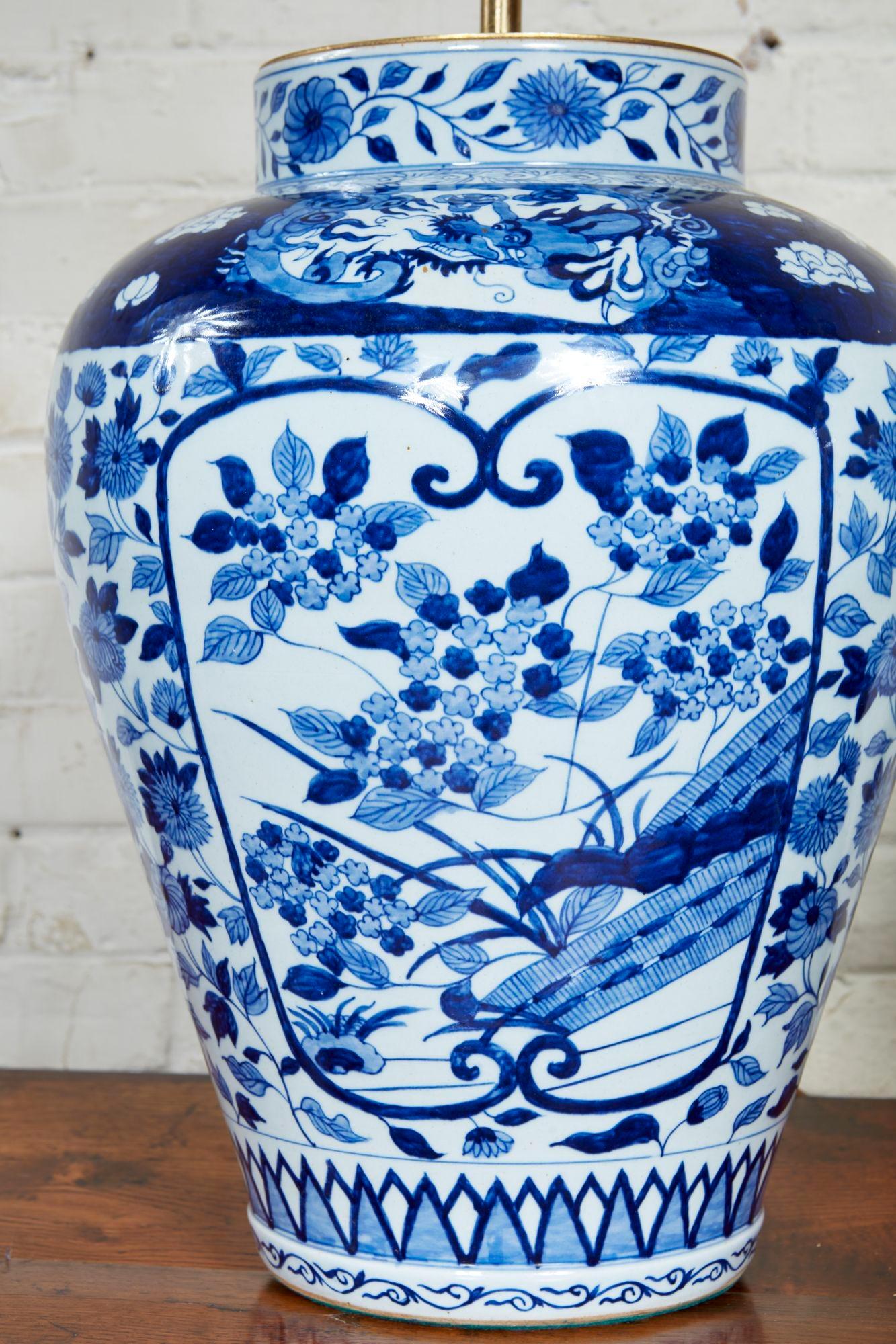 Chinoiserie Large Blue and White Ceramic Lamps