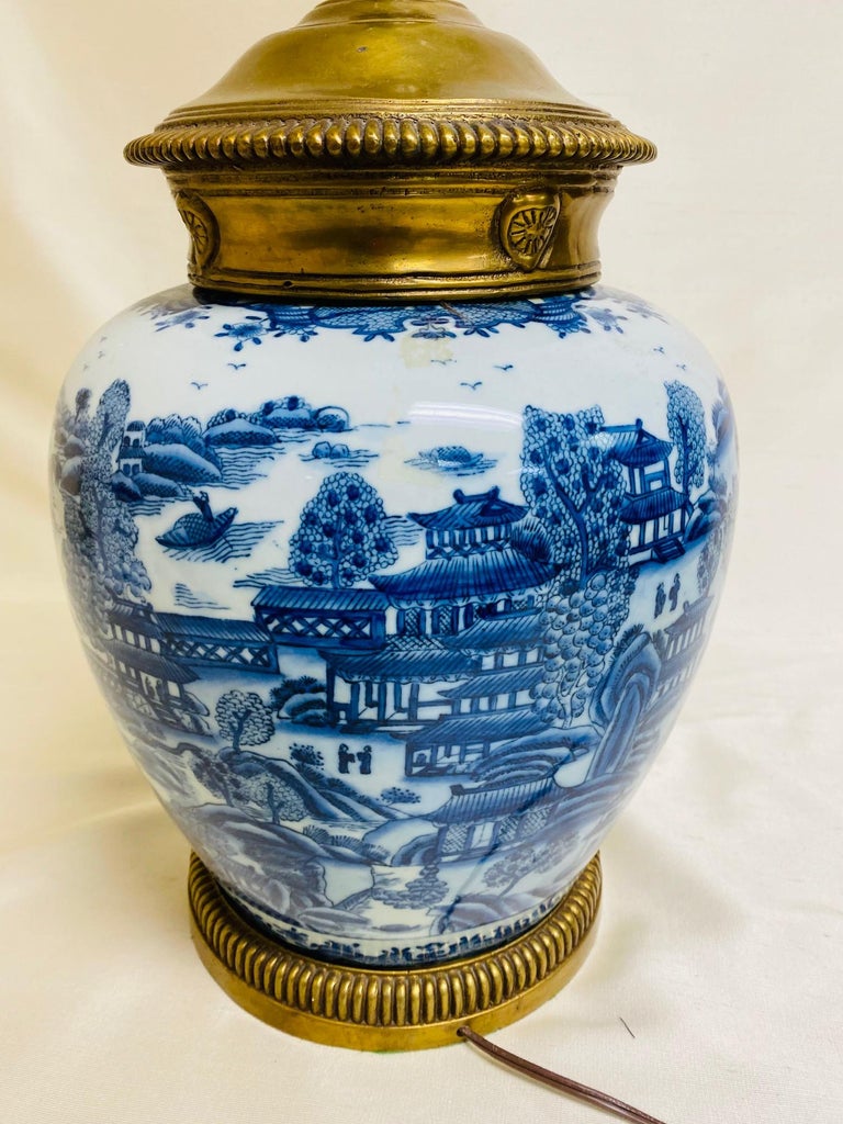 Large Blue and White Chinese Export Vase with Ormolu Mounts as Lamp In Good Condition For Sale In Palm Beach, FL