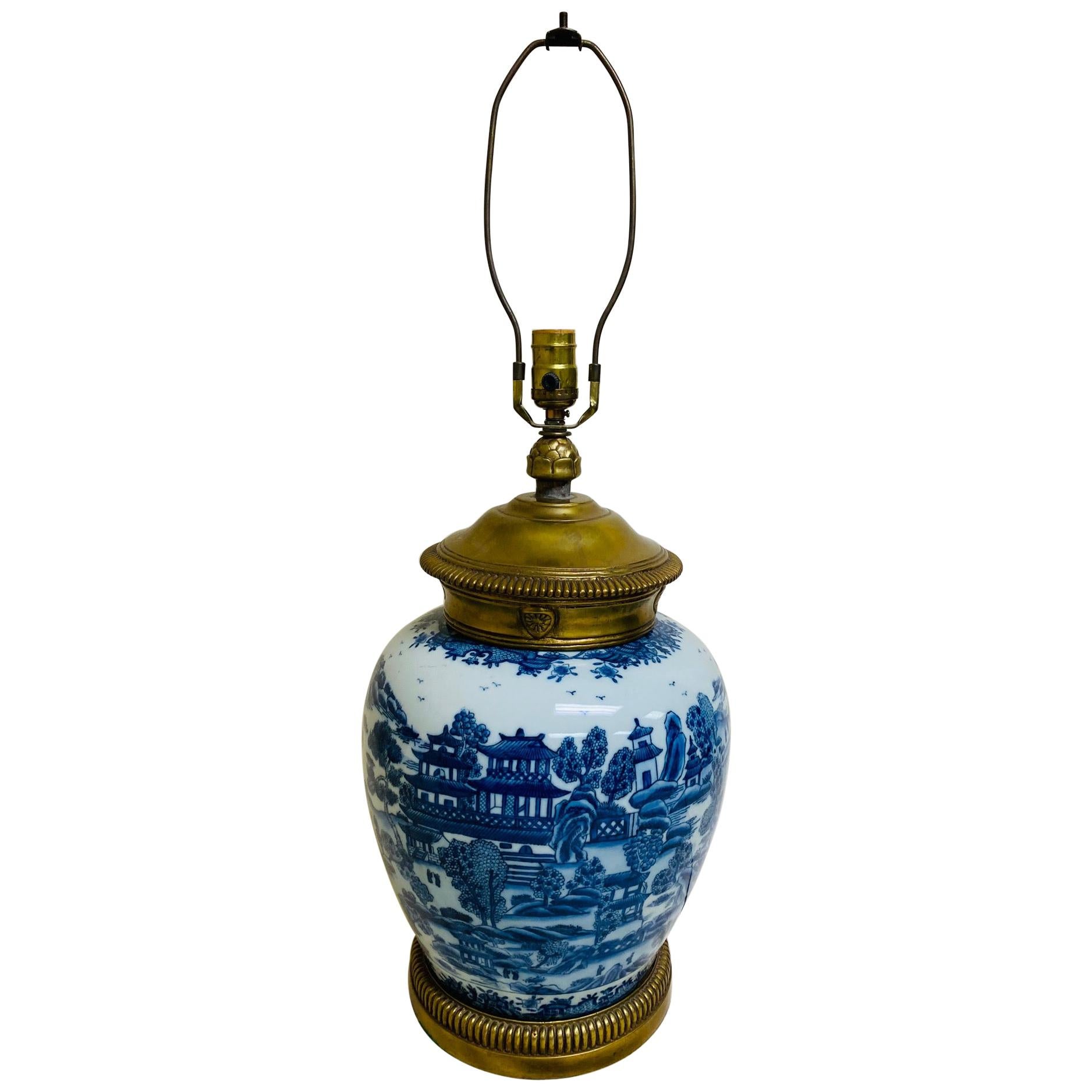 Large Blue and White Chinese Export Vase with Ormolu Mounts as Lamp