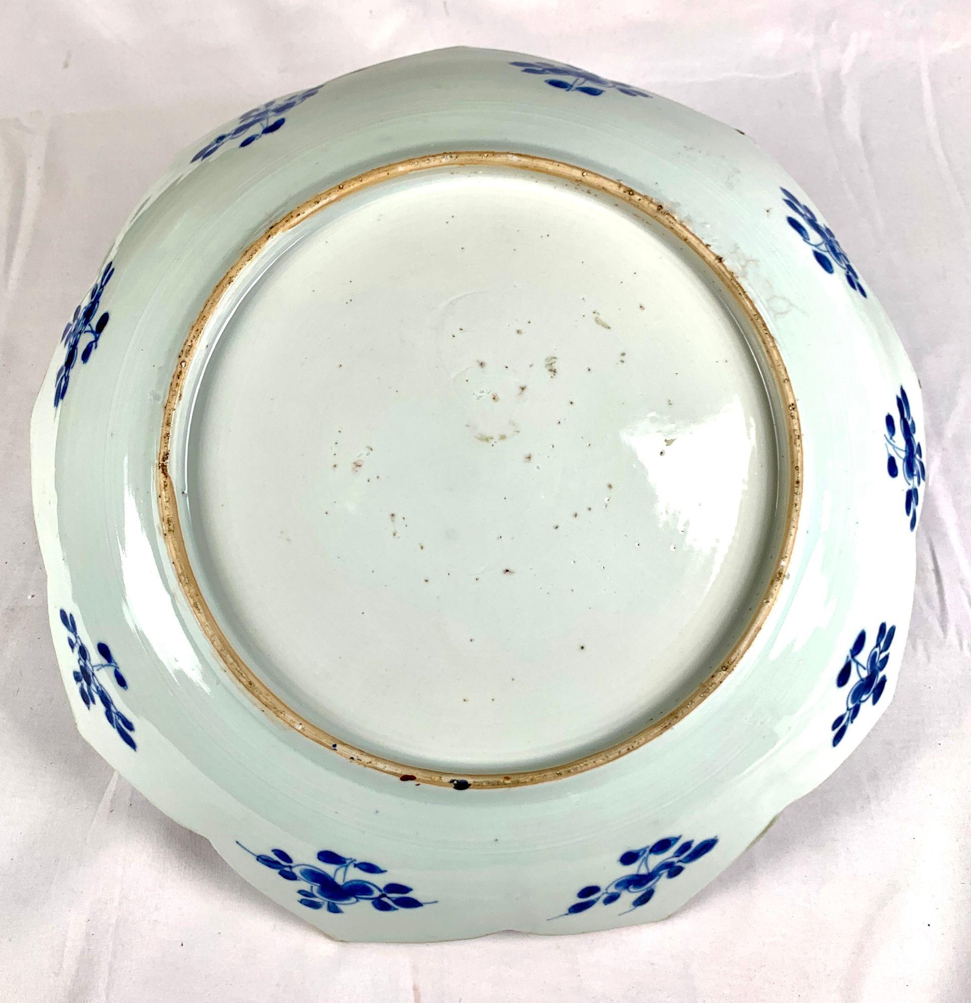 Large Blue and White Chinese Porcelain Lotus Flower Dish 18th Century C-1770 For Sale 6