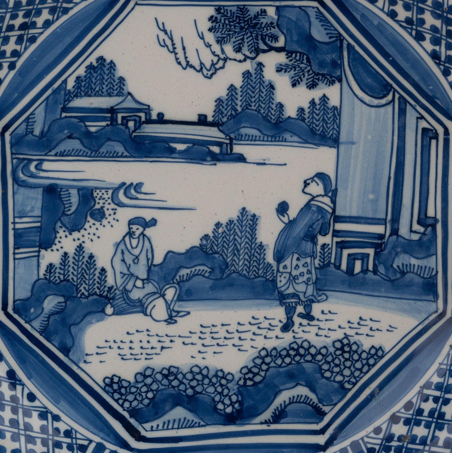 Baroque Large Blue and White Chinoiserie Dish Delft, 1650-1680 Chinese Figures For Sale