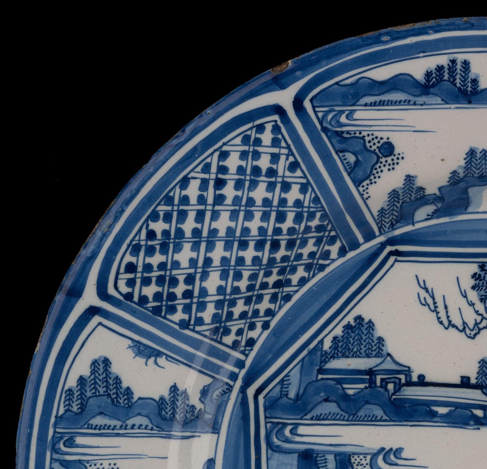 Dutch Large Blue and White Chinoiserie Dish Delft, 1650-1680 Chinese Figures For Sale