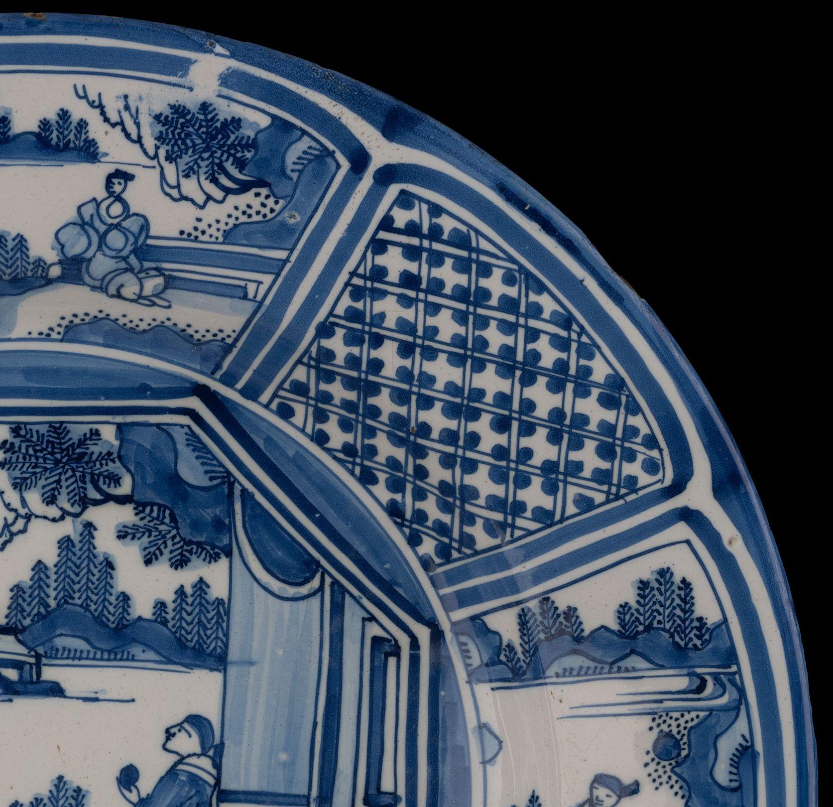 Glazed Large Blue and White Chinoiserie Dish Delft, 1650-1680 Chinese Figures For Sale