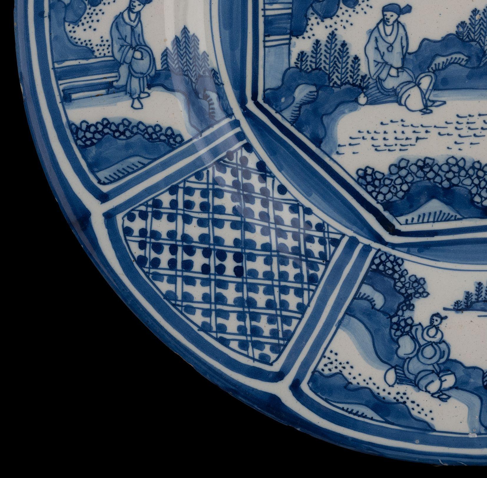 18th Century and Earlier Large Blue and White Chinoiserie Dish Delft, 1650-1680 Chinese Figures For Sale
